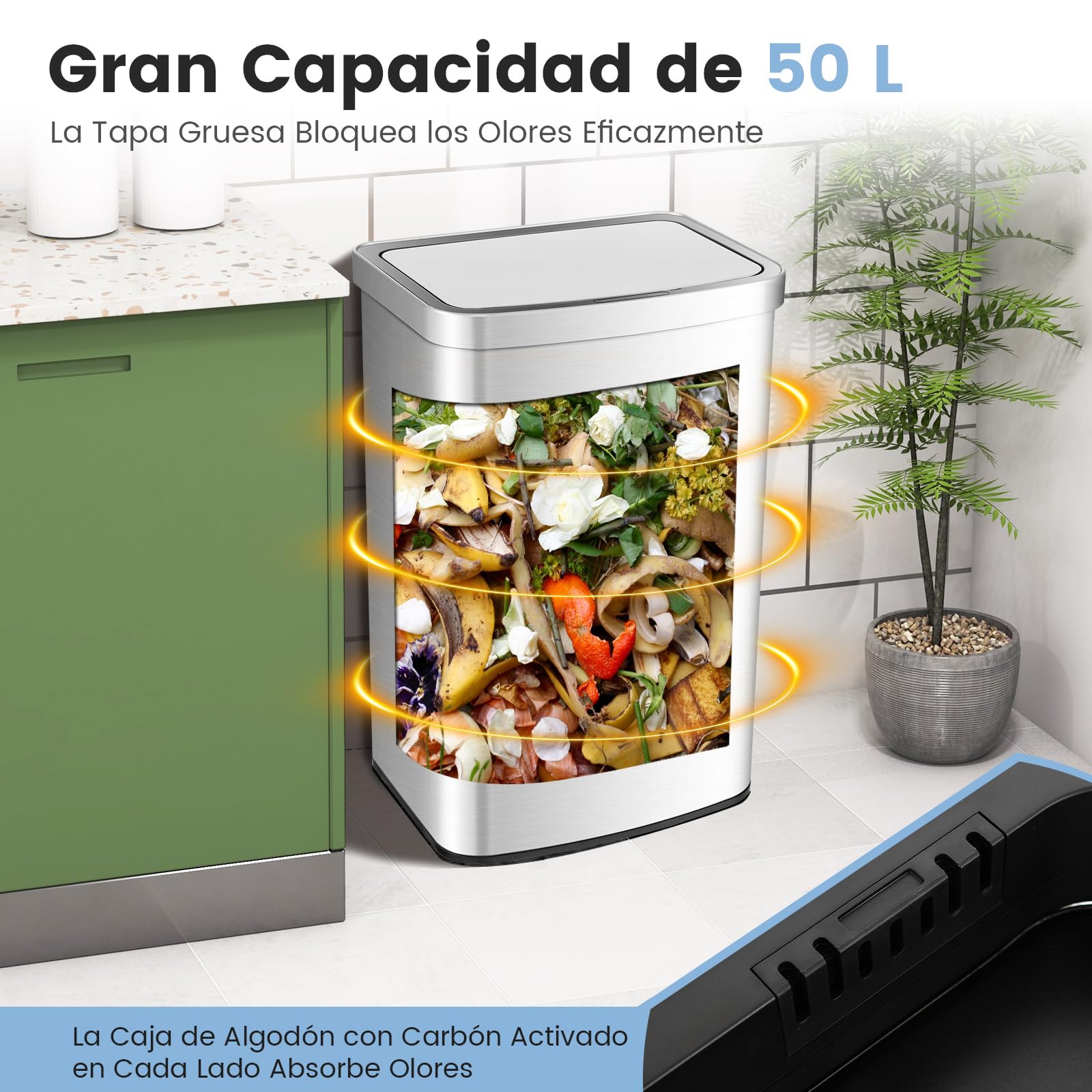 COSTWAY Cubo de Basura Cocina de 50L, Papelera Cocina Rectangular con Sensor de Movimiento Infrarrojo con Tapa de Cierre Suave, Cubo de Basura Automático para Cocina, Baño, Oficina, 39 x 29,5 x 82 cm