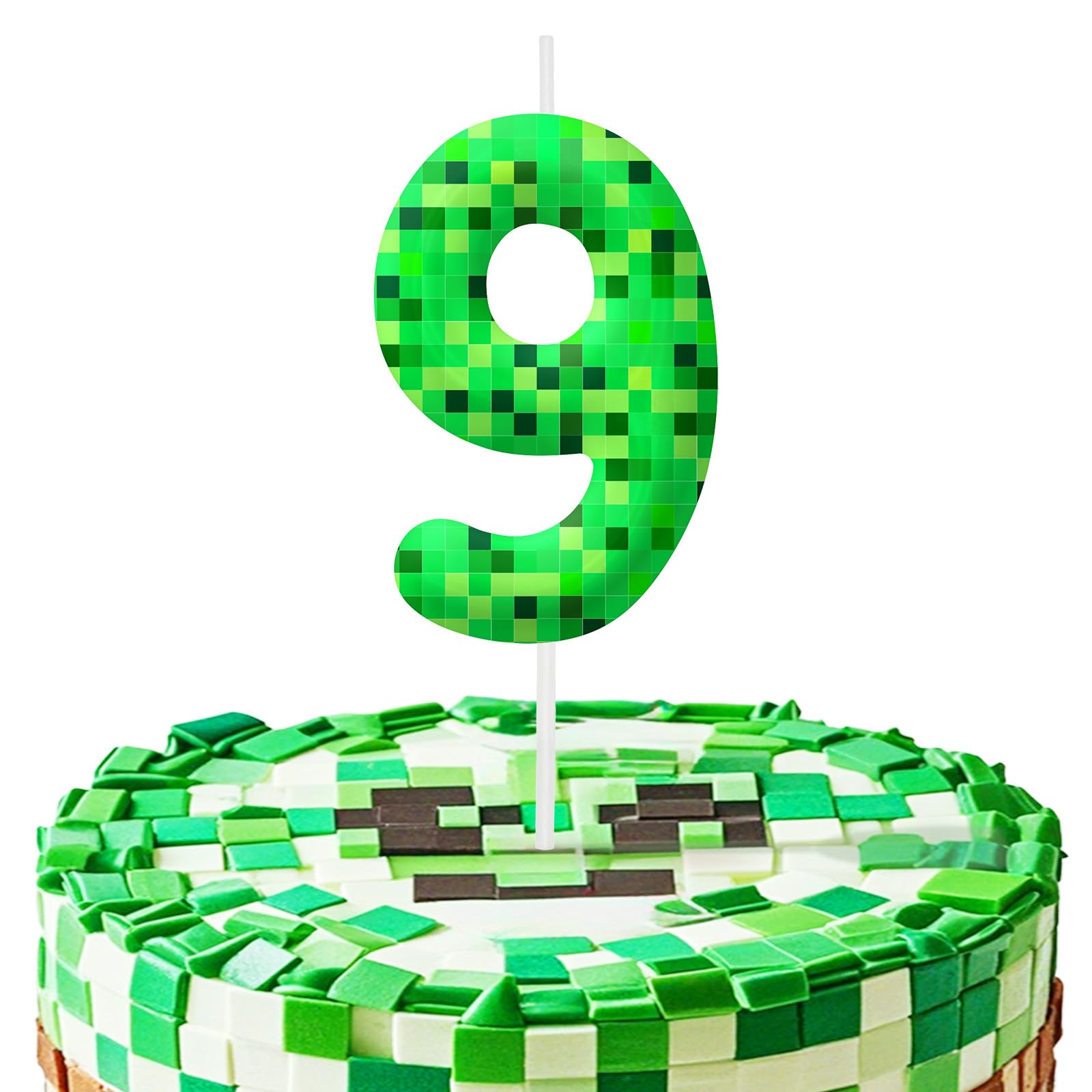 Green Pixel 9th Birthday Number Candles, Number 9 Candle Cake Topper Decorations for Green Pixel Game Themed Parties, Birthday Cake Candles for Boys Girls Kids Party Supplies