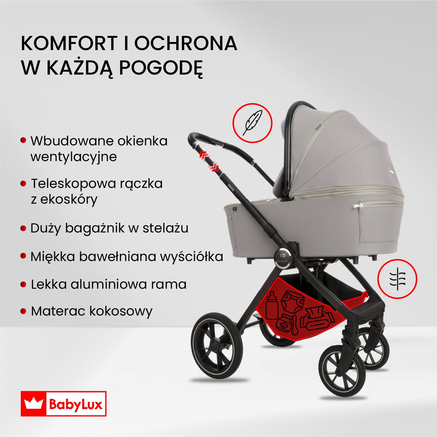 BabyLux Wielofunkcyjny Wózek Dziecięcy 3w1 GAVIA Lekki i Kompaktowy | Gondola, Spacerówka, Fotelik Samochodowy, Składana Aluminiowa Konstrukcja Stelaża, Regulowane oparcie, Akcesoria