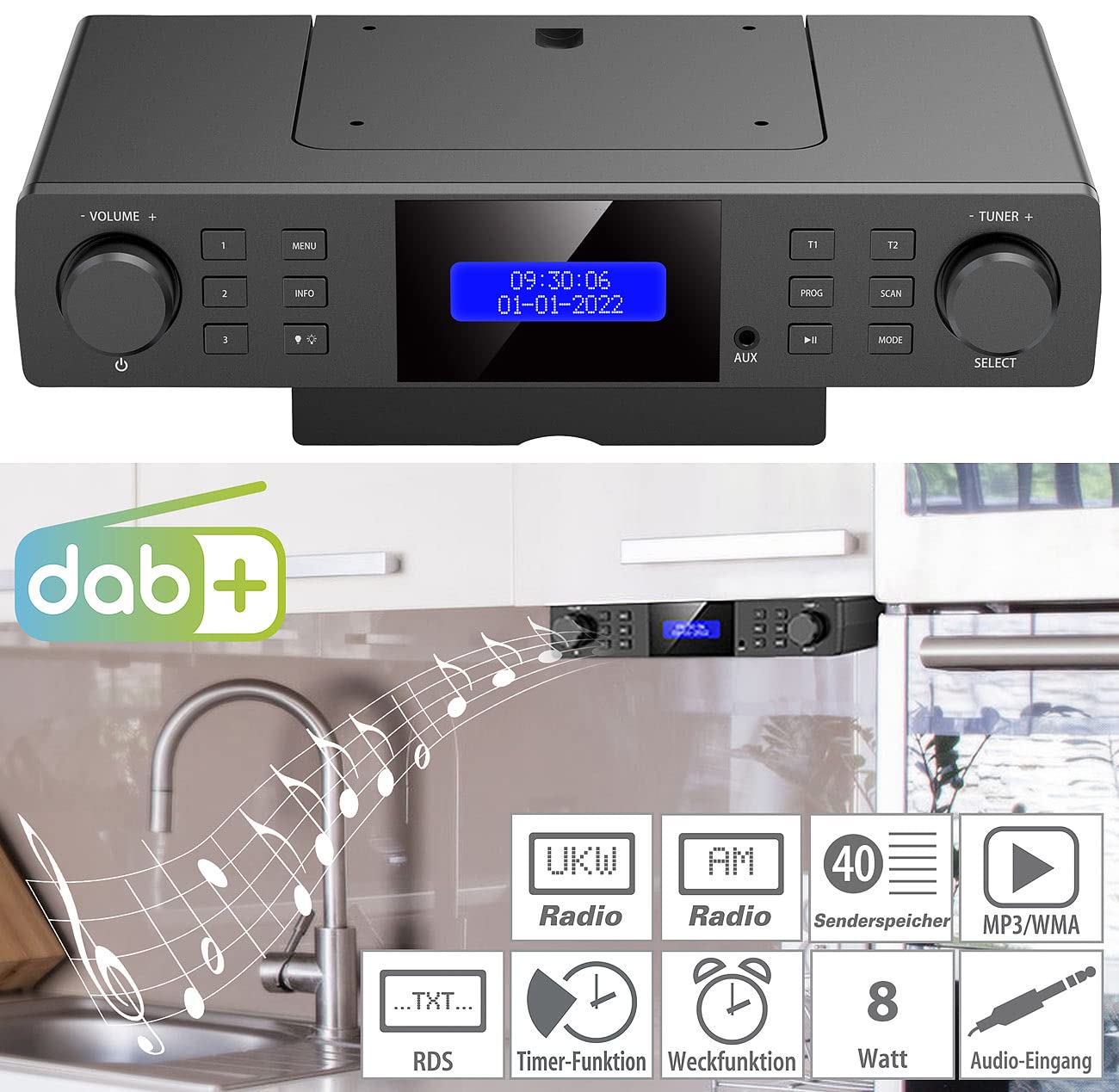 VR-Radio Unterbauradio: Unterbau-Küchenradio DAB+/UKW, RDS, Wecker, Timer, LCD-Display, AUX (DAB Unterbauradio, Küchenunterbauradio DAB, Bad)