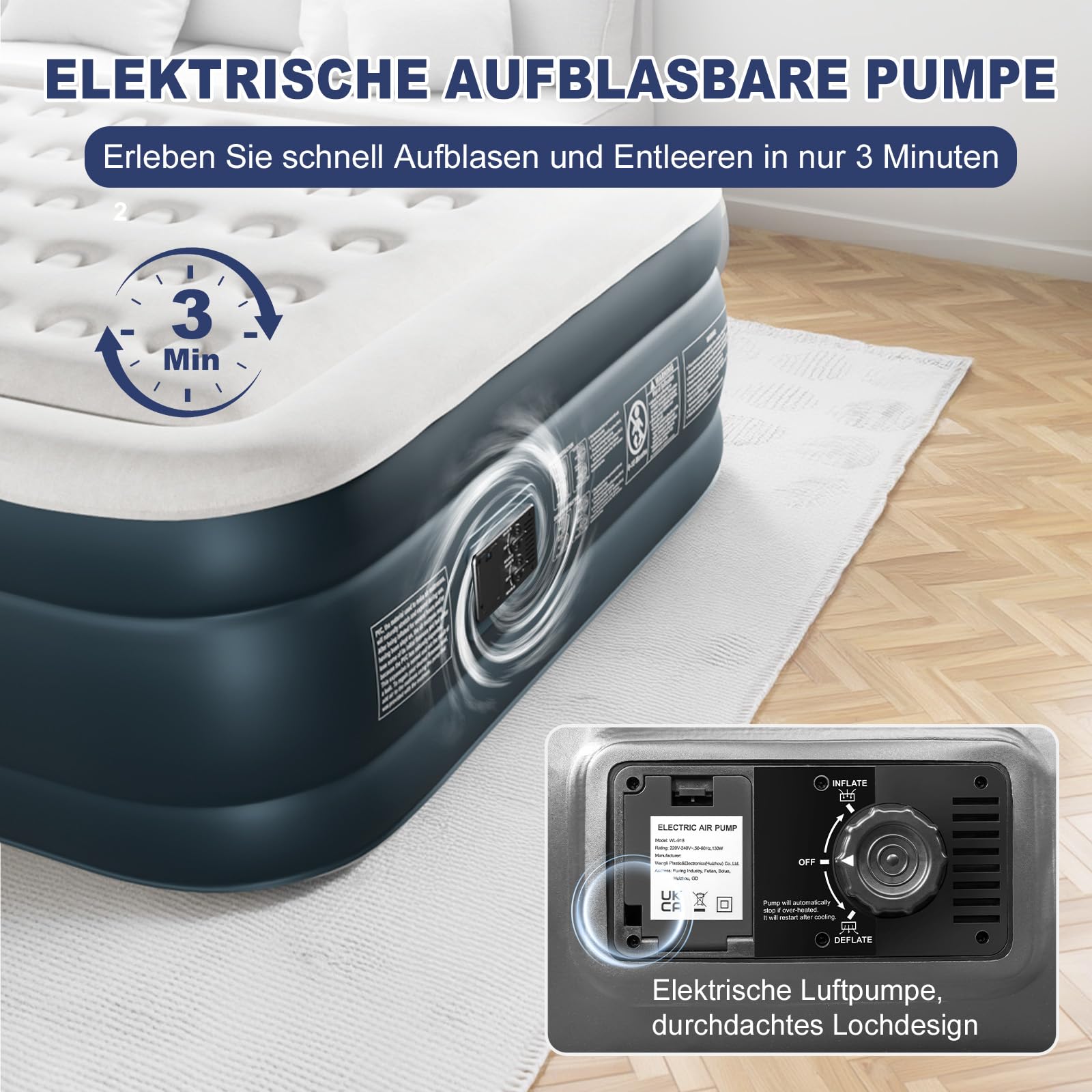 LEADZM Luftbett 2 Personen, Luftmatratze Selbstaufblasend Doppel mit eingebauter elektrischer Pumpe, 203x152x46 cm, 295 kg Belastbarkeit, Grau