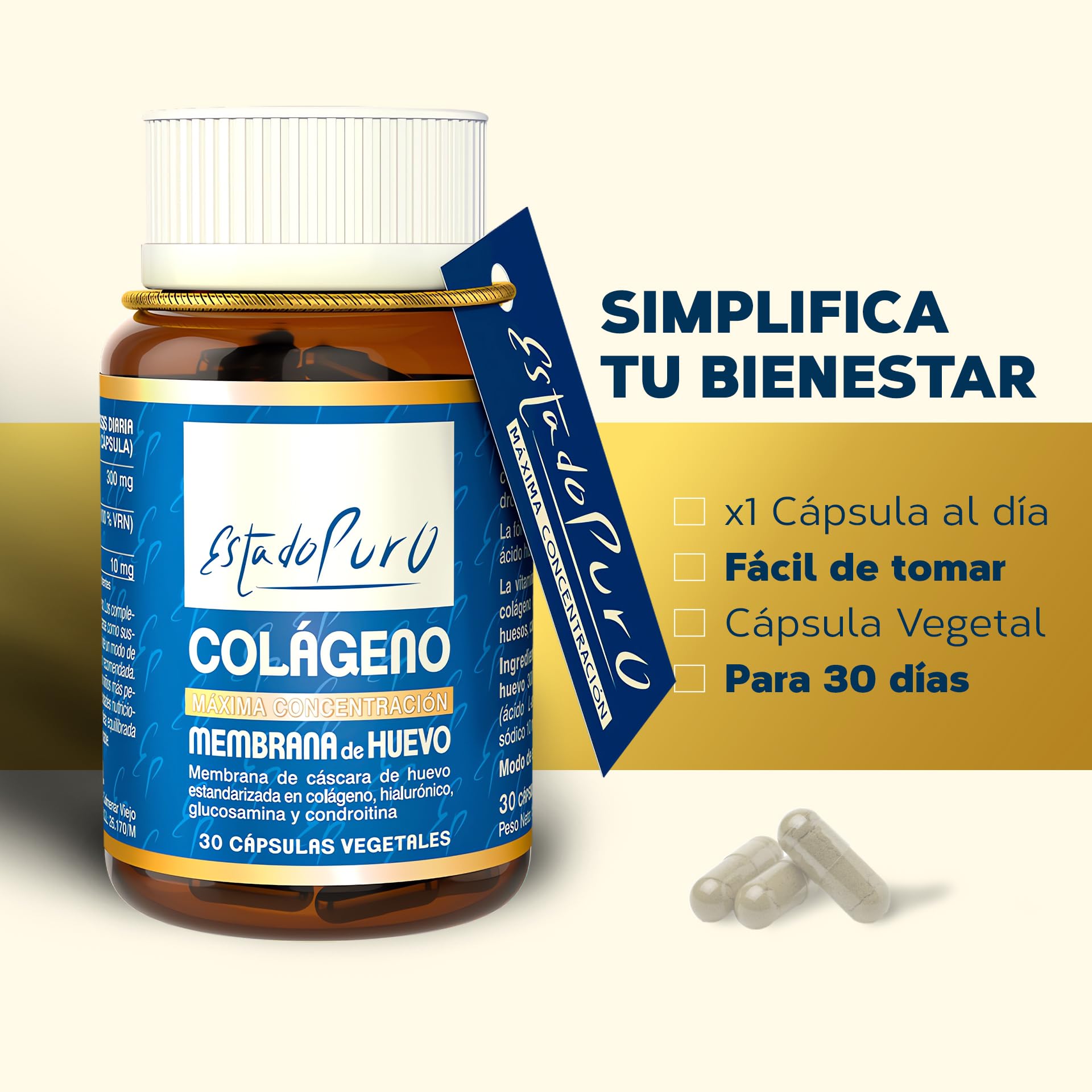 Membrana de Huevo Estado Puro - Colágeno Vegetariano Ovomet (Tipo 1, 3, 5 y 10) - Fuente Natural de Colágeno, Ácido Hialurónico, Elastina, Glucosamina, Condroitina - 30 Cápsulas Vegetales de Tongil