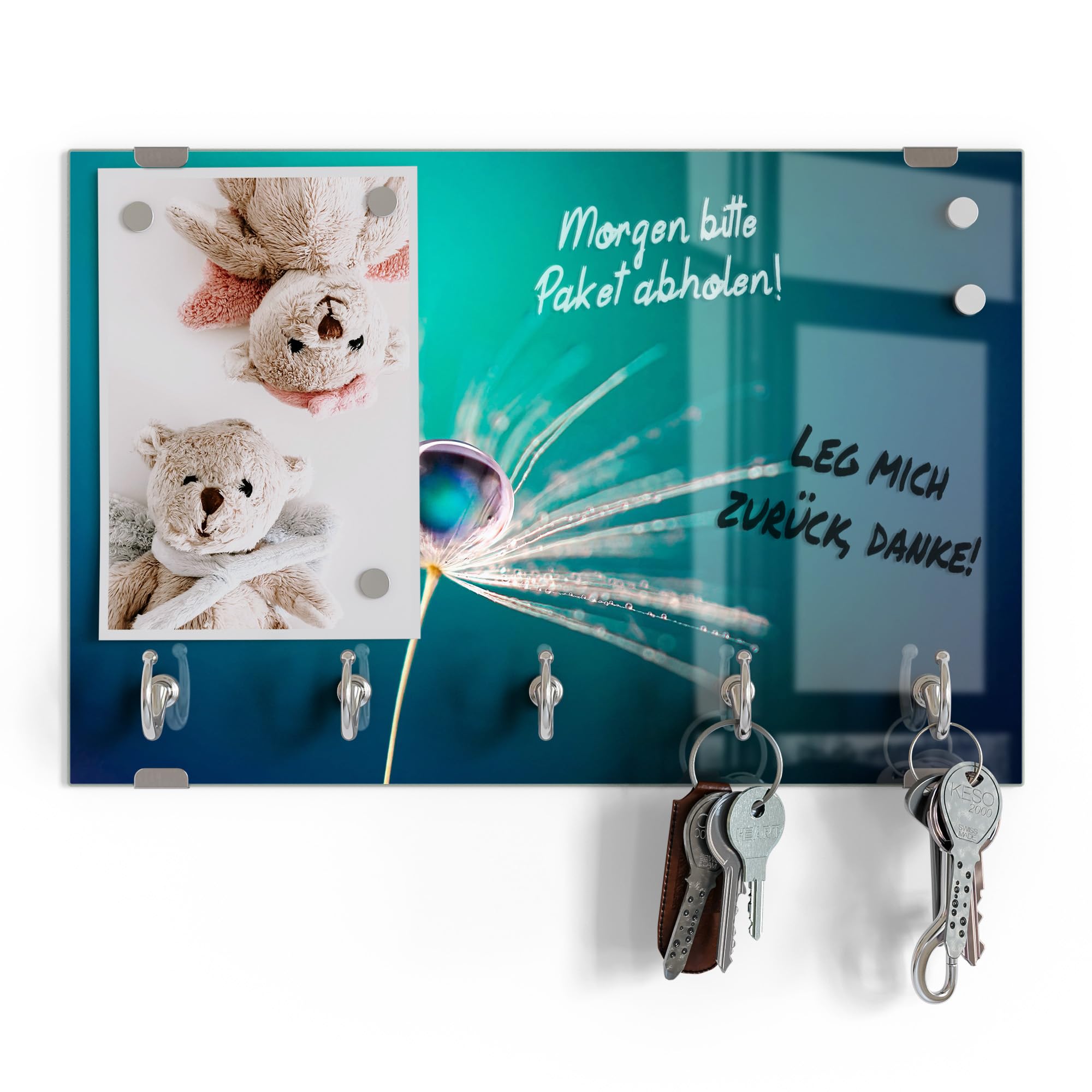 DEQORI Tablica na klucze ze szkła | motyw nasion z kroplami wody | ok. 30 x 20 cm | z 5 haczykami, magnetyczna – nowoczesne przechowywanie kluczy i uchwyt na klucze do korytarza, biura, kluczy i