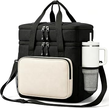 20L Double Deck Large Lunch Box,Reusable Insulated Lunch Bag with 4-Layer BPA-Free Material & Adjustable Strap,Leakproof Soft Cooler Bag for Men Adults Work/Beach/Camping/Picnic/Outdoor,Black/Beige