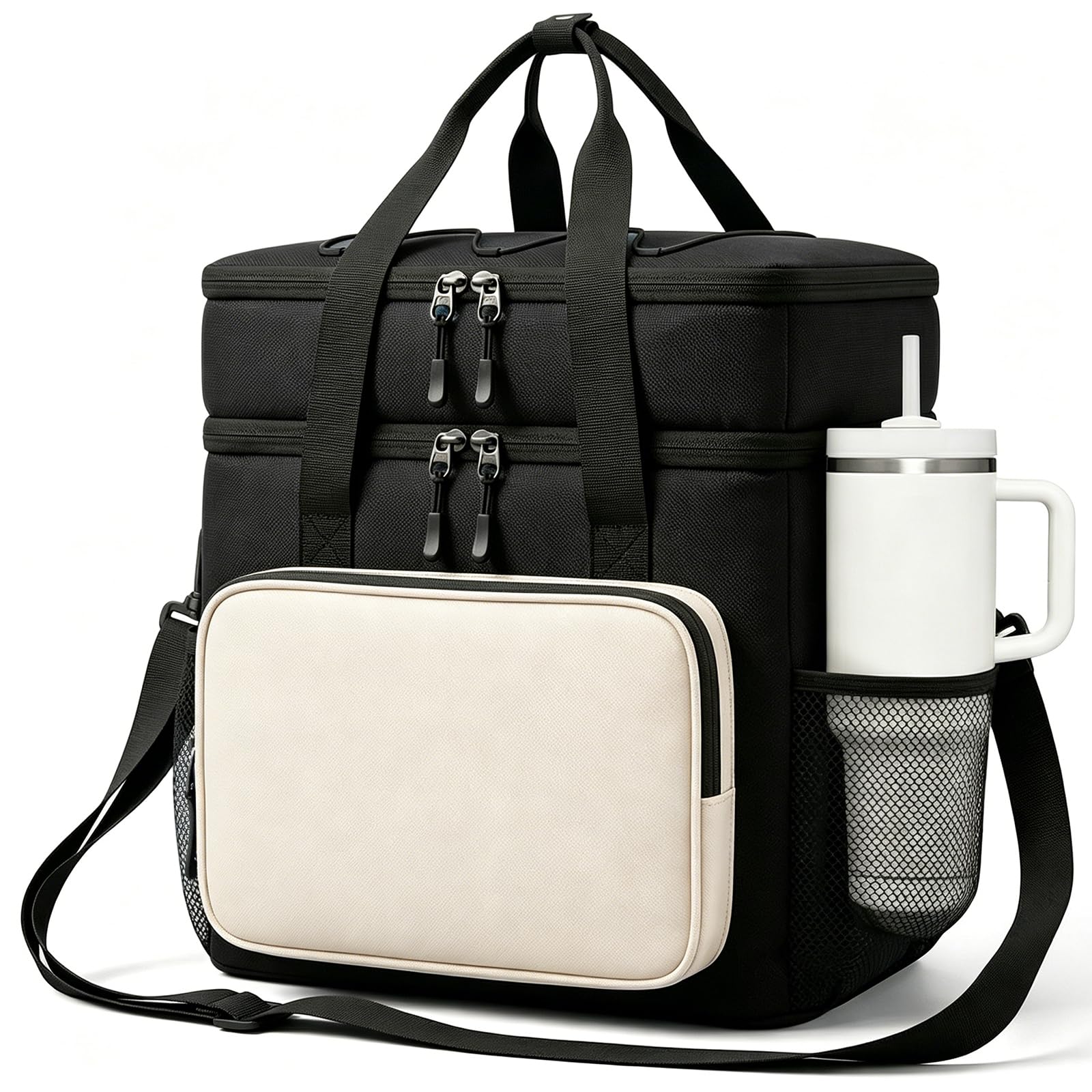20L Double Deck Large Lunch Box,Reusable Insulated Lunch Bag with 4-Layer BPA-Free Material & Adjustable Strap,Leakproof Soft Cooler Bag for Men Adults Work/Beach/Camping/Picnic/Outdoor,Black/Beige