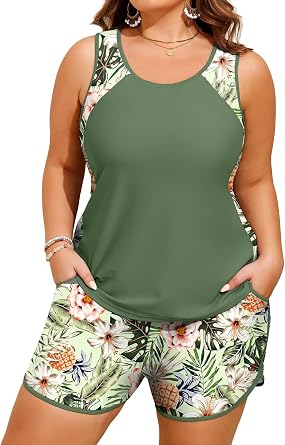 HUSKARY Plus Size Two Piece Tankini Swimsuit for Women 2026 Tummy Control Full Coverage Bathing Suits with Swim Shorts Pocket
