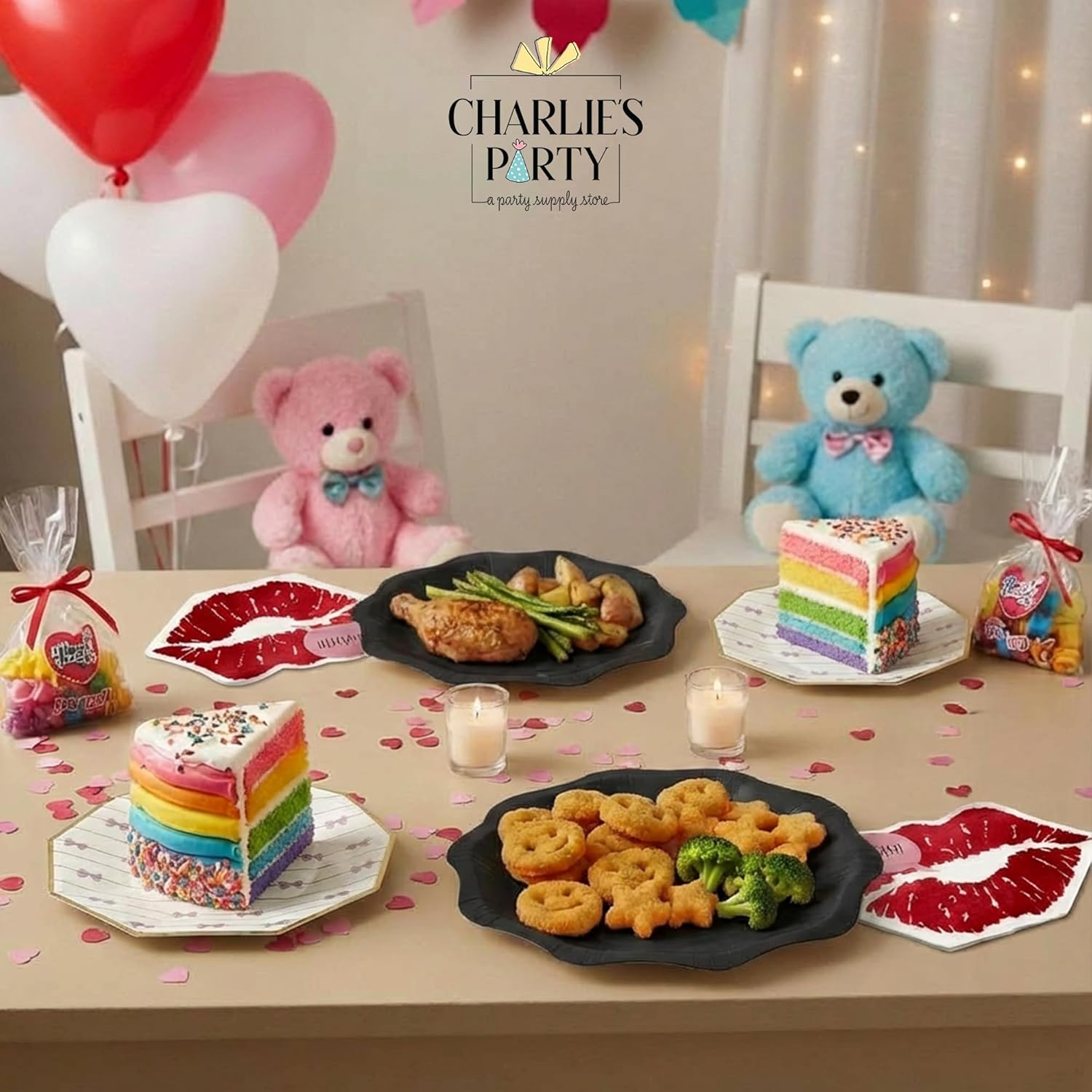 Valentines Day Disposable Dinnerware Set by Charlies Party Supply – 8 Black Scalloped & 8 Bow Accent Plates, 16 Pucker Up Napkins – Tableware Set for Valentines Day Party & Romantic Events