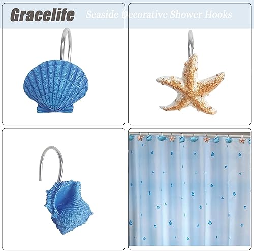 Miniatura 3 de Juego de 12 ganchos para cortina de ducha con diseño de concha de mar, diseño de concha de mar, anillos a prueba de óxido, ganchos decorativos de