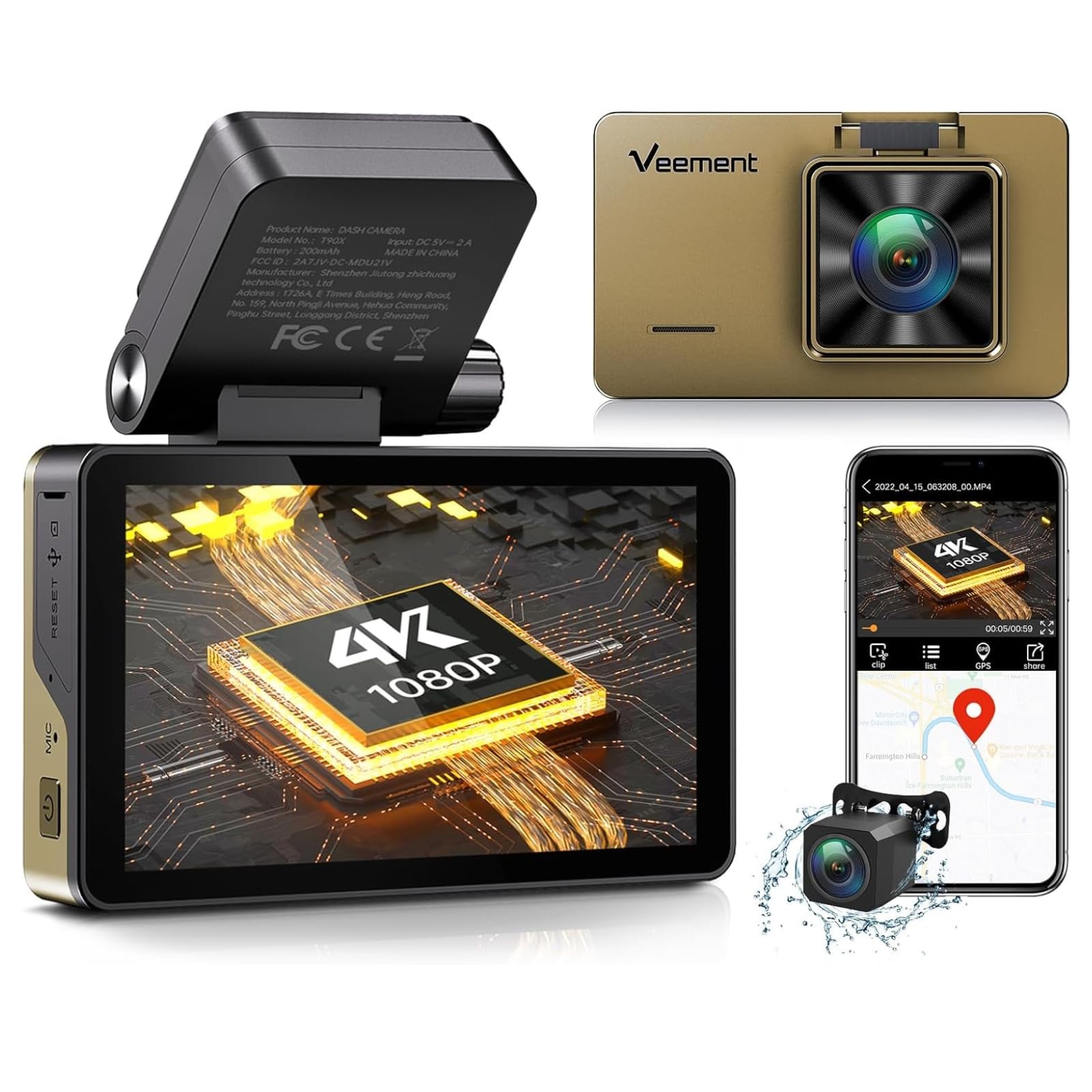 Dash Cam Front and Rear, 4K/2.5K Front 1080P Rear Dashcam, 3'' IPS Display Camera with Built-in WiFi GPS, WDR, Night Vision,170°FOV,G-Sensor,Support 256GB Card Max