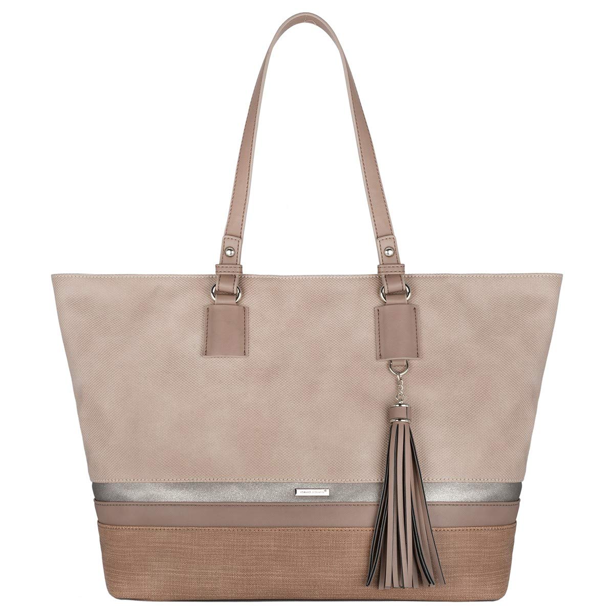 David JonesWomen's Tote Shopper Bag - Large Capacity Shoulder Bag - PU Faux Leather Soft Canvas Long Handles Casual Handbag - Stripe Top-Handle Bag - Shopping Work School Travel Bag