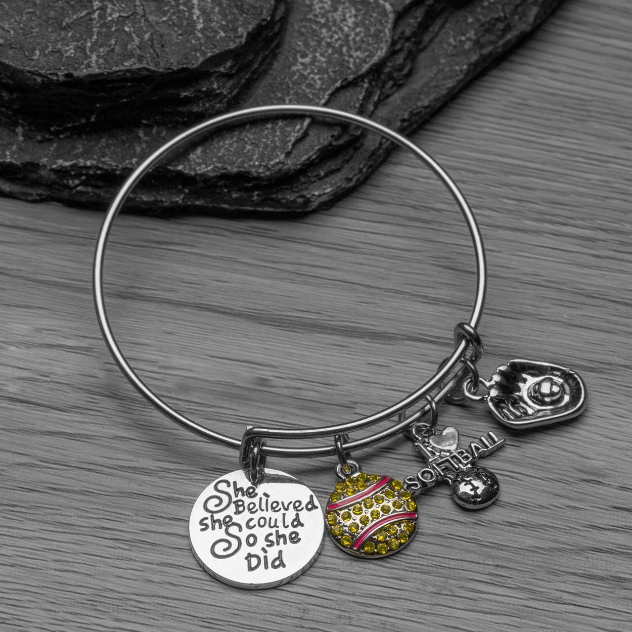 Sportybella Softball Charm Bracelet with Inspirational Quote, Adjustable Stainless Steel Bangle for Players, Team Gift for Seasons, Tournaments and Milestones