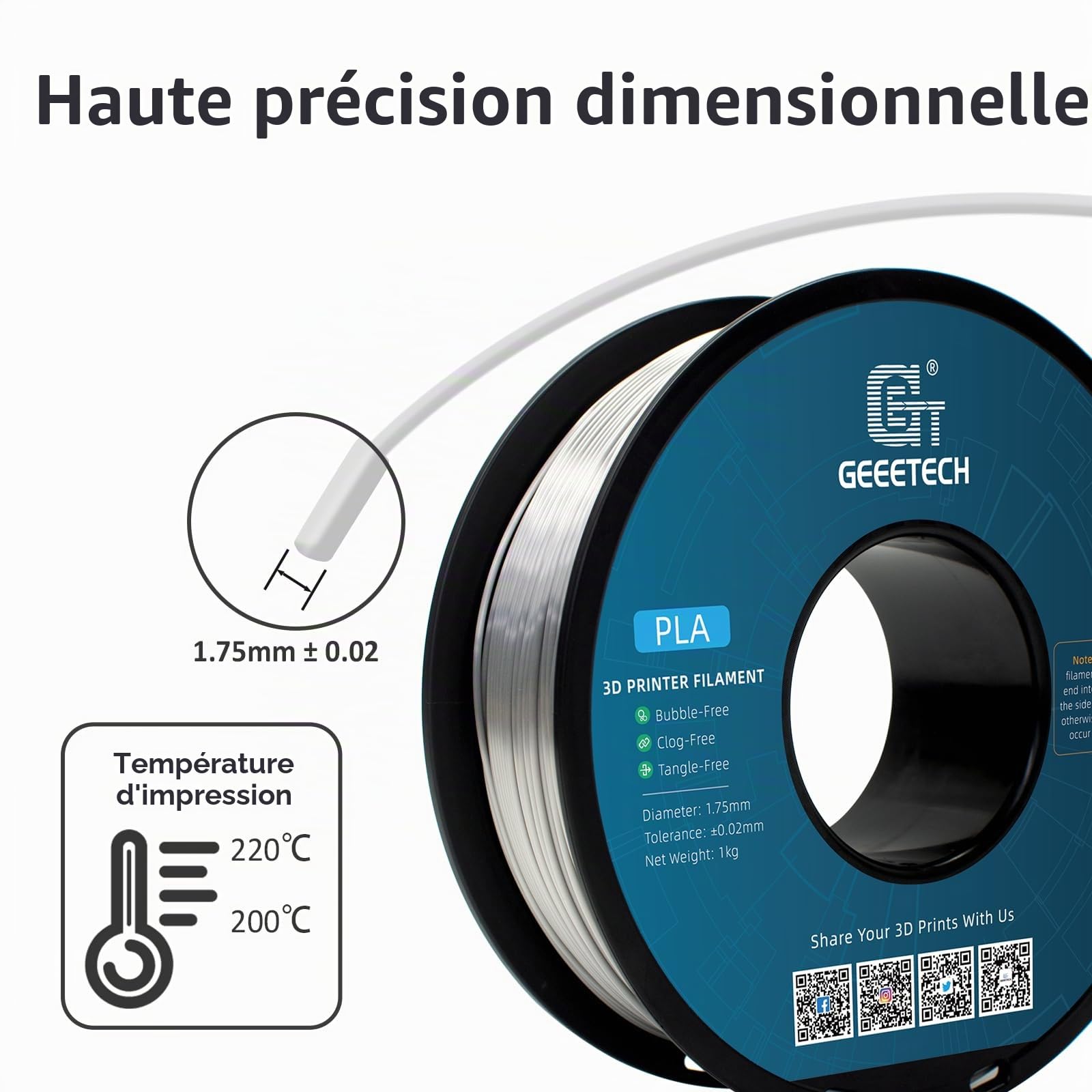 GEEETECH Filament PLA Silk 1.75mm,PLA Soie pour Imprimante 3D,Précision dimensionnelle +/- 0,02 mm,Soie Argent