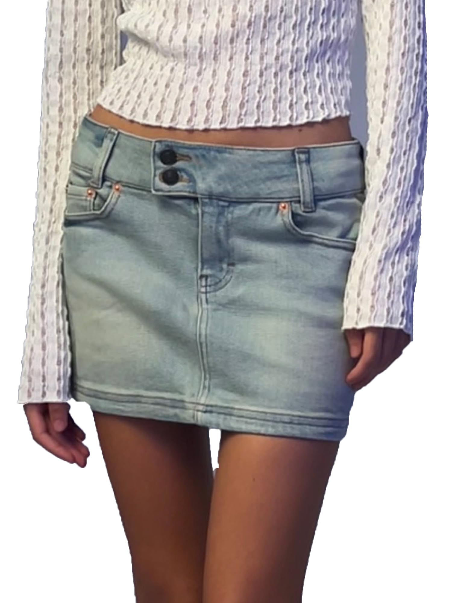 Women's Denim Mini Skirt Solid Zipper Button Design Low Rise Short Jean Skirt for Summer (Z13827-Light Blue, XL)