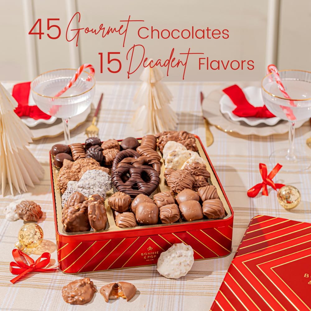 Christmas Chocolate Gift Basket – Gourmet Holiday Snack Gift Box Idea in Keepsake Tin – Men, Women, Corporate, Food Set- Bonnie and Pop