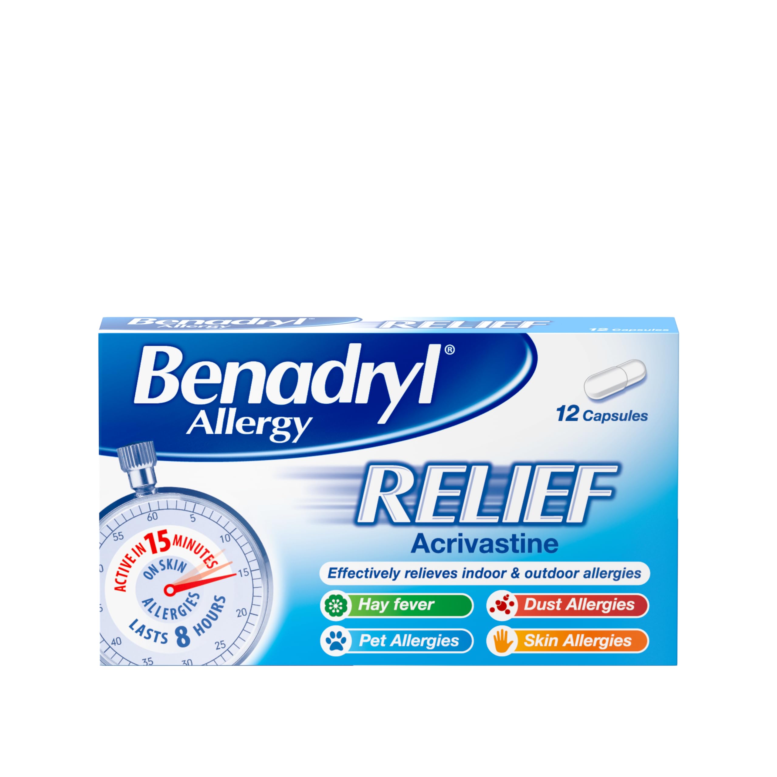 Benadryl Allergy Relief Capsules (1 x 12 Capsules), Antihistamine Tablets with Acrivastine, Allergy Relief from Hay Fever Symptoms, Suitable for Pet, Dust, and Skin Allergies