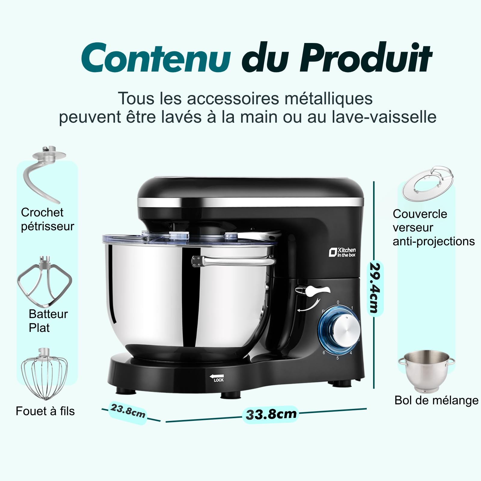 Kitchen in the box Robot Pâtissier 1400W, Bol 6,2L en Acier Inoxydable, 6 Vitesses, Fouet, Crochet et Batteur Inclus, Idéal pour Pâtisserie et Boulangerie (Noir)