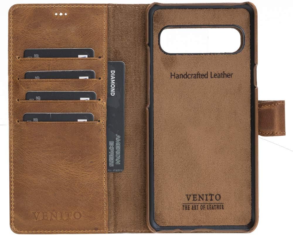 Venito Florence Leather Wallet Phone Case Compatible with Samsung Galaxy S10 5G - Extra Secure with RFID Blocking - Detachable Phone Wallet - Antique Brown