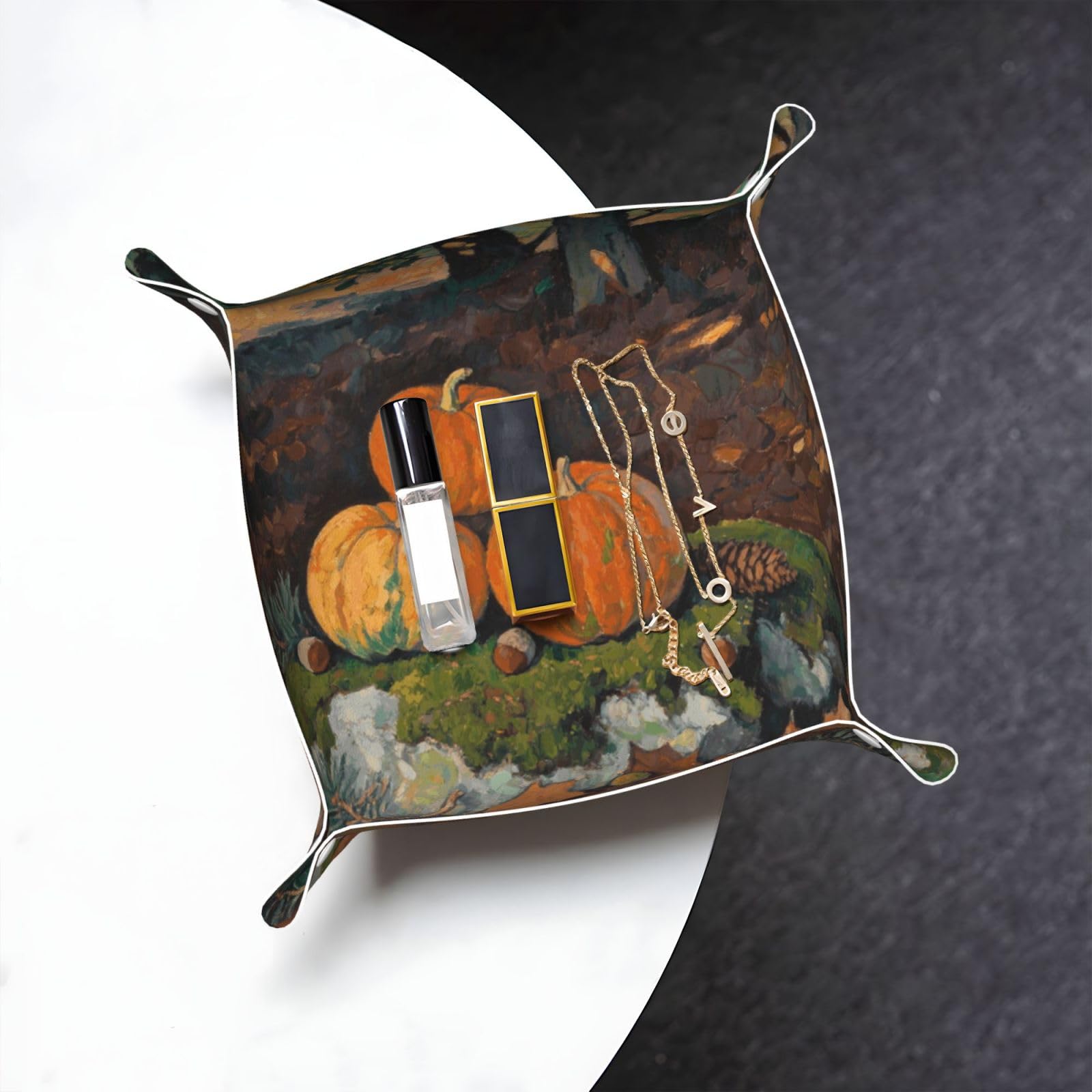 Leaves Pumpkin Valet Tray Organizer Pu Leather Travel Catchall Tray Organizer Portable Jewelry Tray Storage Keys Tray for Entryway Table Coins Watches Candy