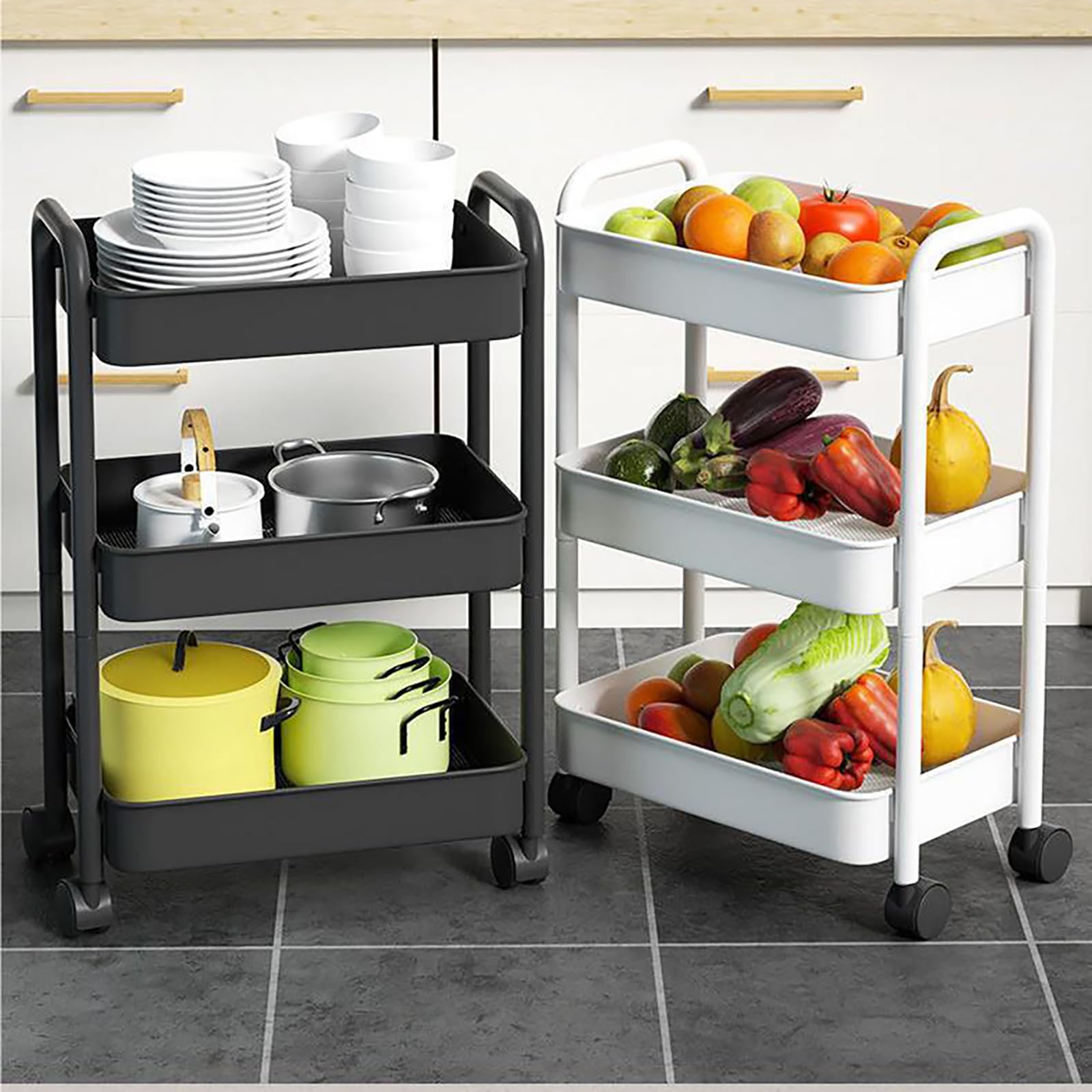 FresQa Push-Pull Storage Rack, Small cart, Floor to Floor, Multi-Level Snack Kitchen, and Rack,White,2 Layers