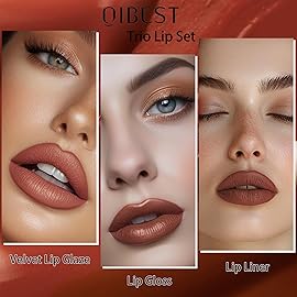 QiBest 3-in-1 Lipstick Set for Women & Teen Girls, Matte Liquid Lipstick + Lip Gloss + Gel Lip Liner Pencil Trio Lip Gift Kit for 24 Hours Long Lasting & Waterproof Lip Makeup (Whiskey Honey)