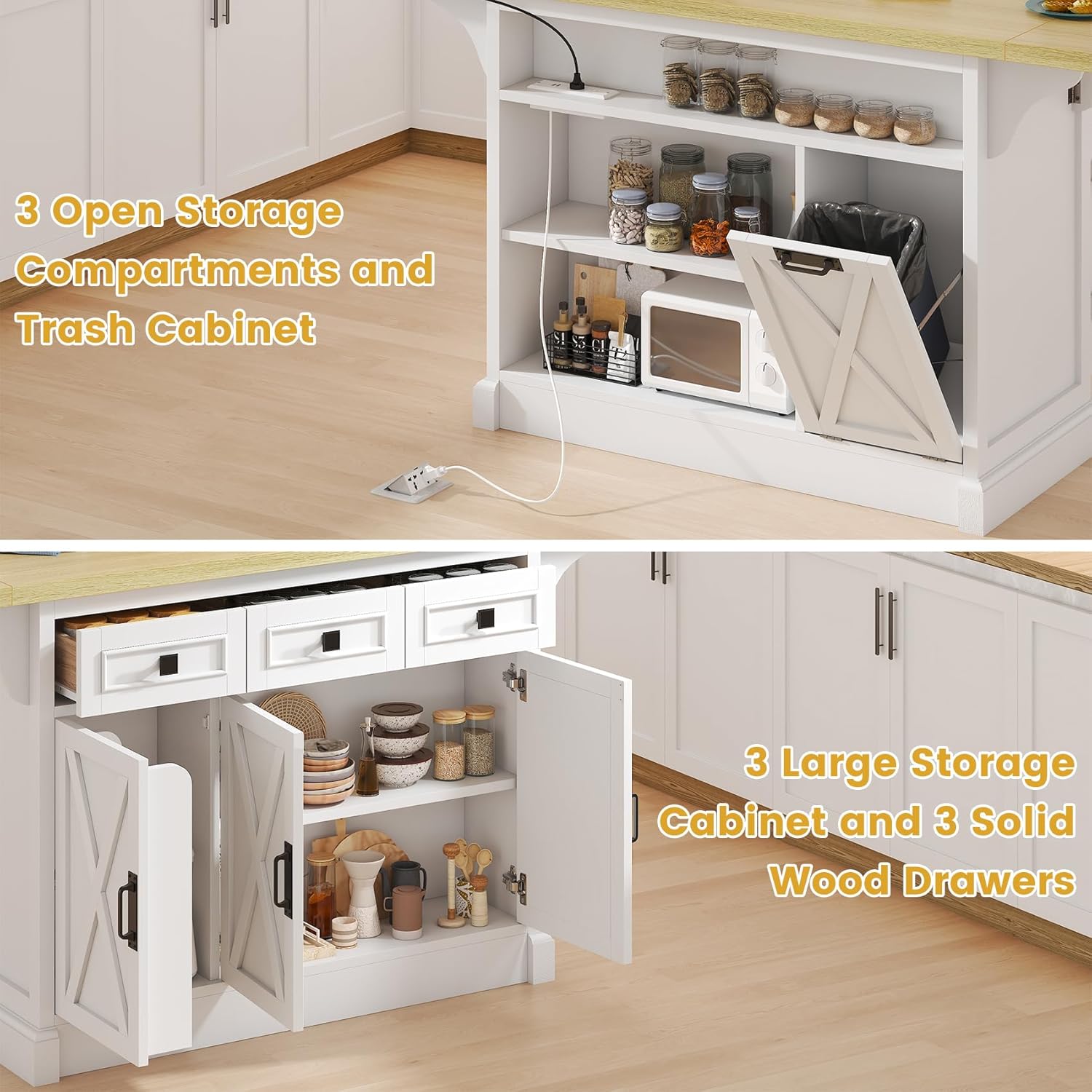 Bigbiglife 71.3" Large Kitchen Island with Drop Leaf, Power Outlet, Kitchen Island Cart w/ 3 Solid Drawers, Island Table with Trash Storage Cabinet & 3 Large Storage Rack, Spice Rack, White