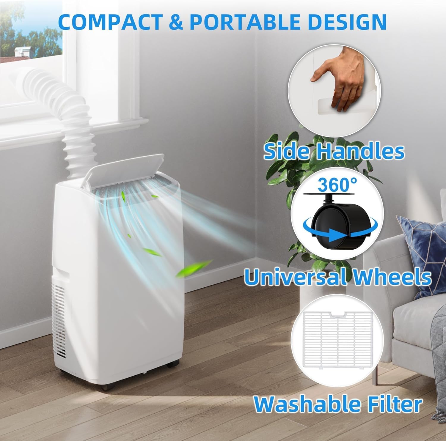 Portable air conditioner showing side handles and universal wheels