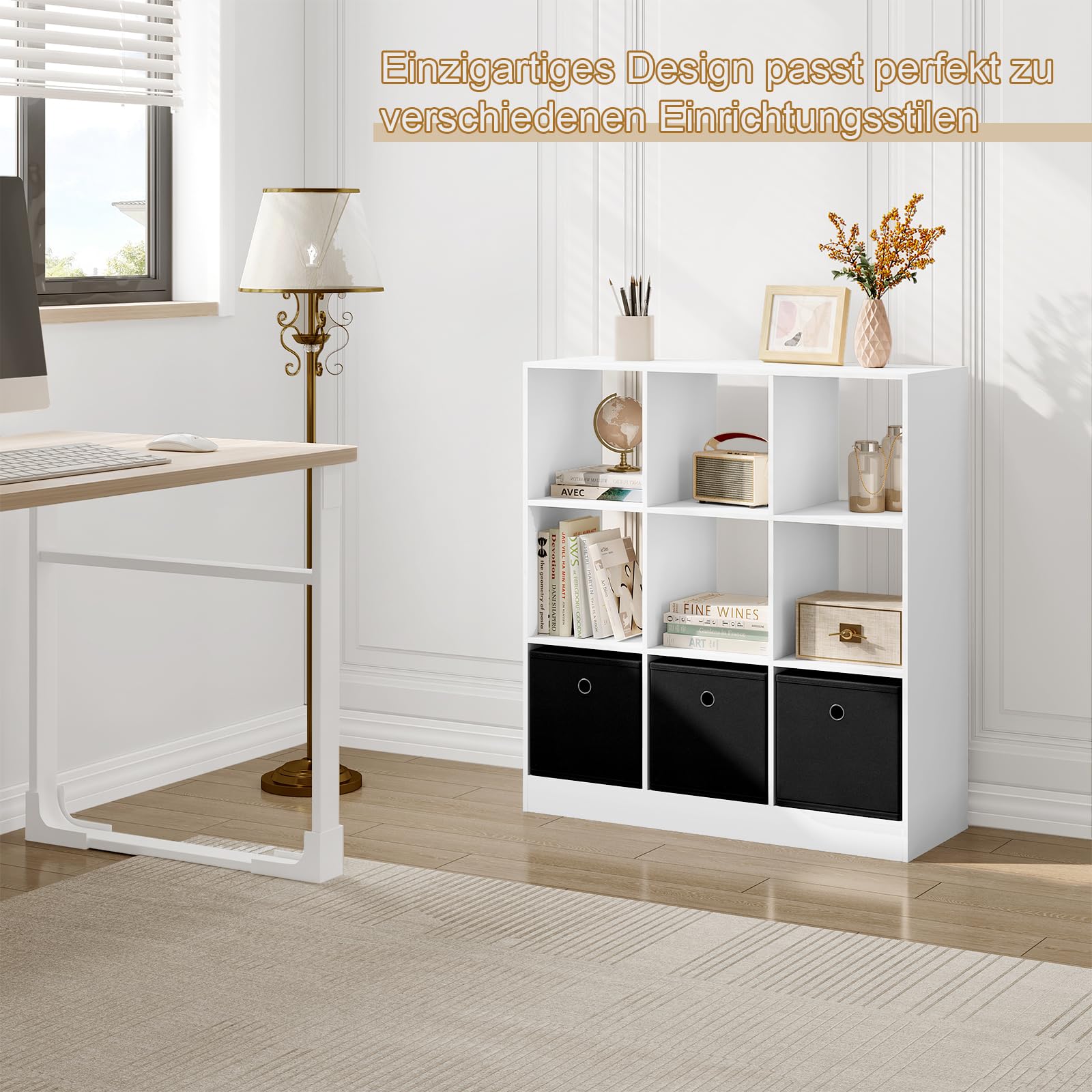WOLTU Bücherregal Bücherschrank Standregal Würfelregal Aufbewahrungregal Raumteiler Büroregal, mit 9 Fächern 3 Schubladen aus Vliesstoff, für Wohnzimmer Schlafzimmer Büro, Weiß, SK041ws
