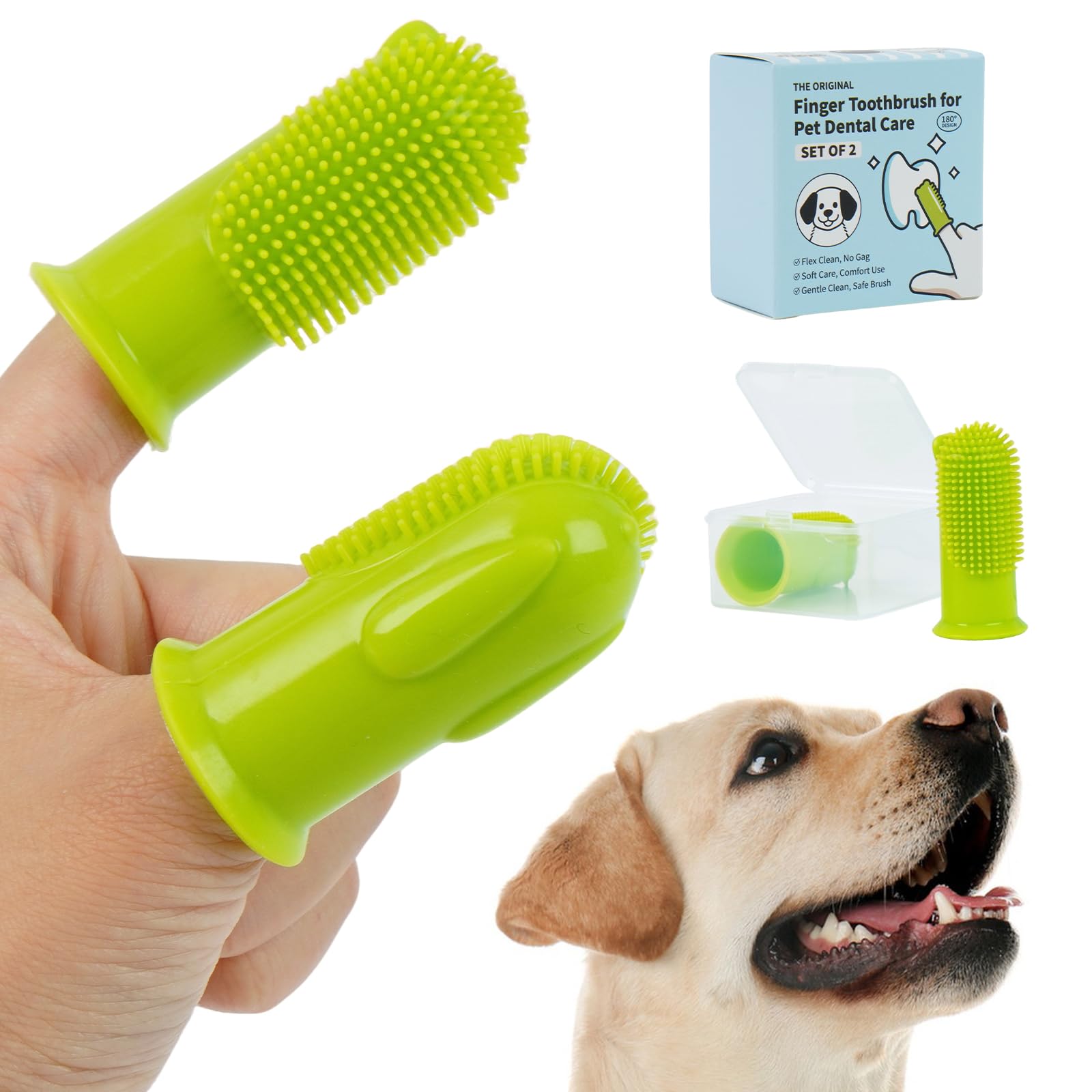 Dog Toothbrush Finger Brush for Dogs & Cats - 2 Pack Silicone Pet Finger Toothbrush for Dog Teeth Cleaning | Soft 180° Puppy Dental Care Brush | Gentle Oral Care with Storage Case