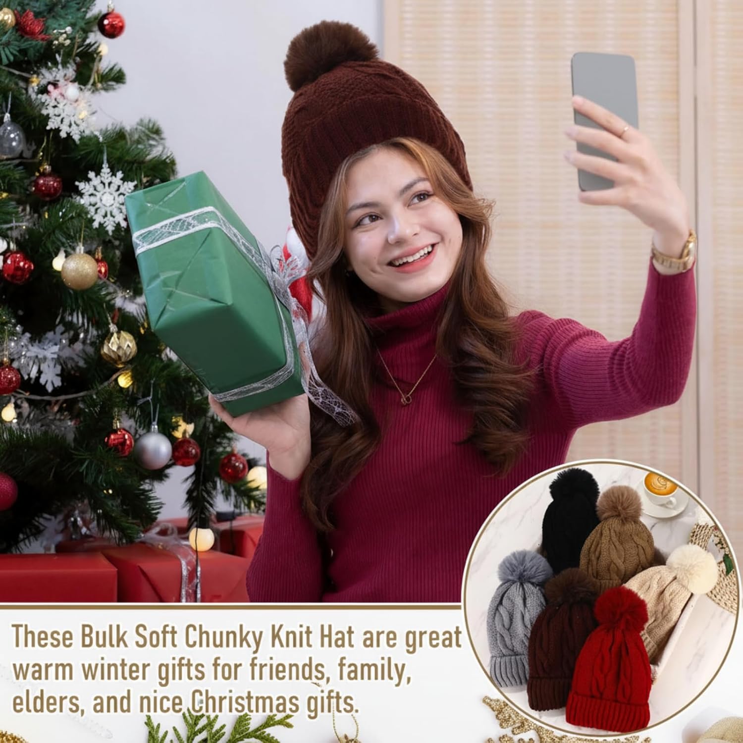 24 Pcs Women Knitted Beanie Winter Pompom Beanie Hat Bulk Fleece Lined Hat Multicolor Ski Skull Cap - Image 5