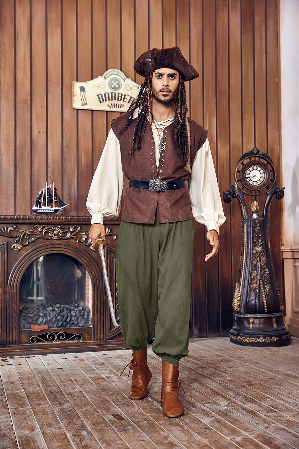 Gafeng Mens Pirate Pants Medieval Renaissance Viking Knicker Colonial Elastic Waist Halloween Cotton Costume Pants - Image 4