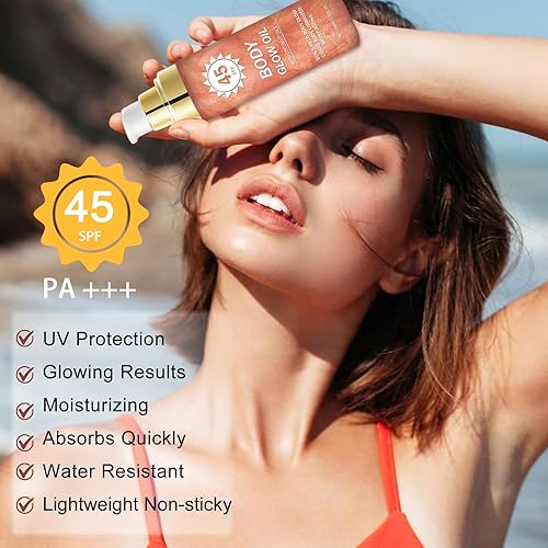 Miniatura 4 de QIUFSSE Aceite de brillo corporal, SPF 45 de amplio espectro, protector solar con mica de oro rosa, ligero antiadherente, coco hidratante, se
