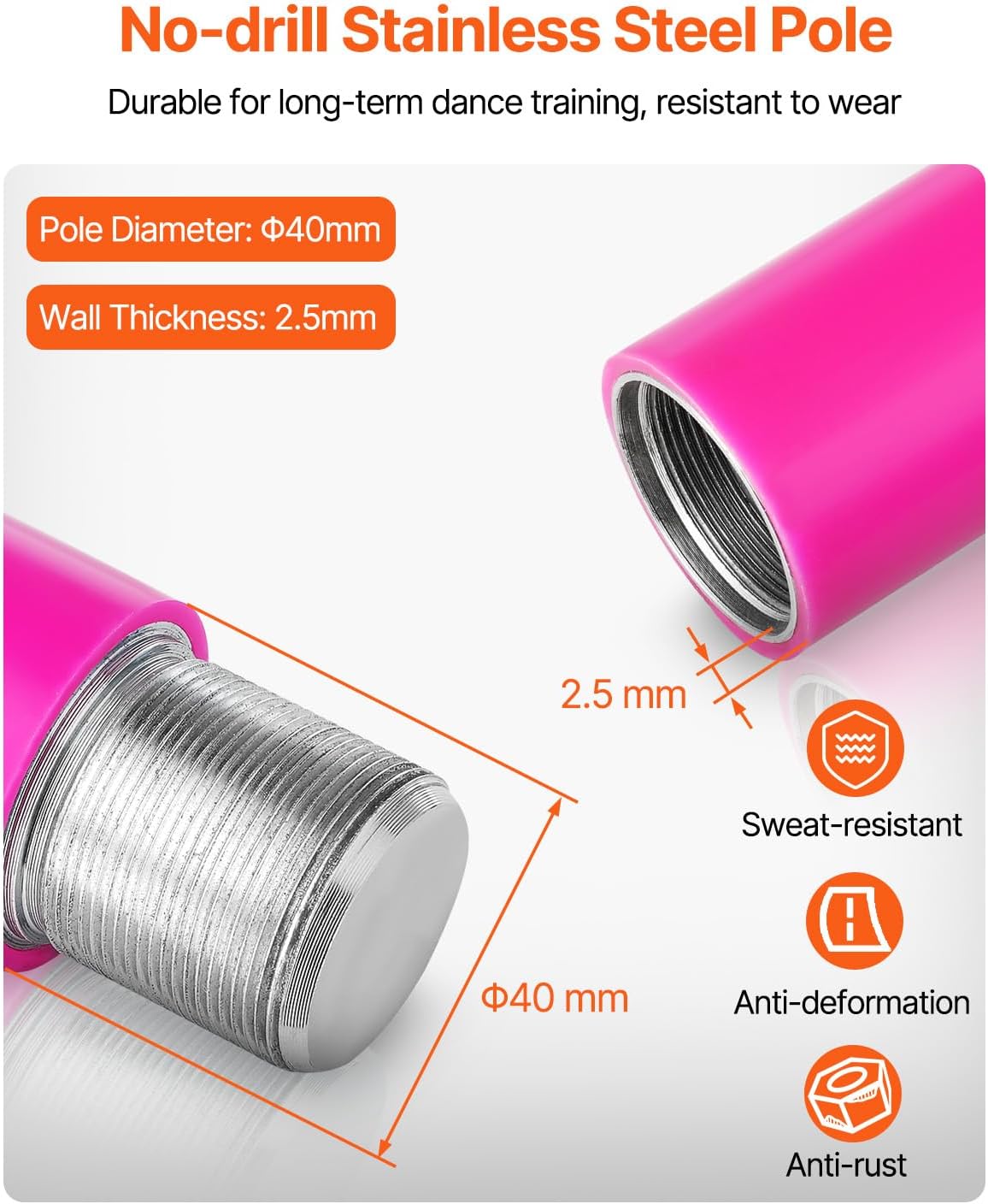 VEVOR Professional Dancing Pole, Spinning Static Dancing Pole Kit, Portable Removable Pole, 45mm Heavy-Duty Stainless Steel Pole, Height Adjustable Fitness Pole, for Exercise Home Club Gym, Silver