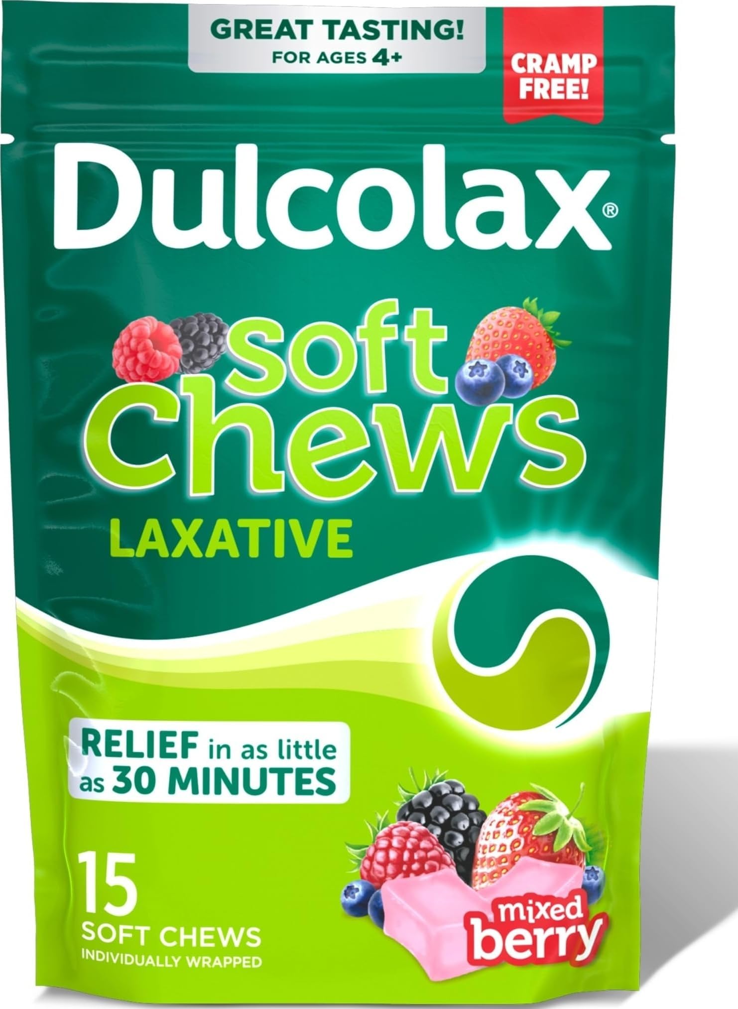 Saline Laxative Soft Chews, Gentle Constipation Relief, Mixed Berry Flavor, Magnesium Hydroxide 1200 mg, 15 Count