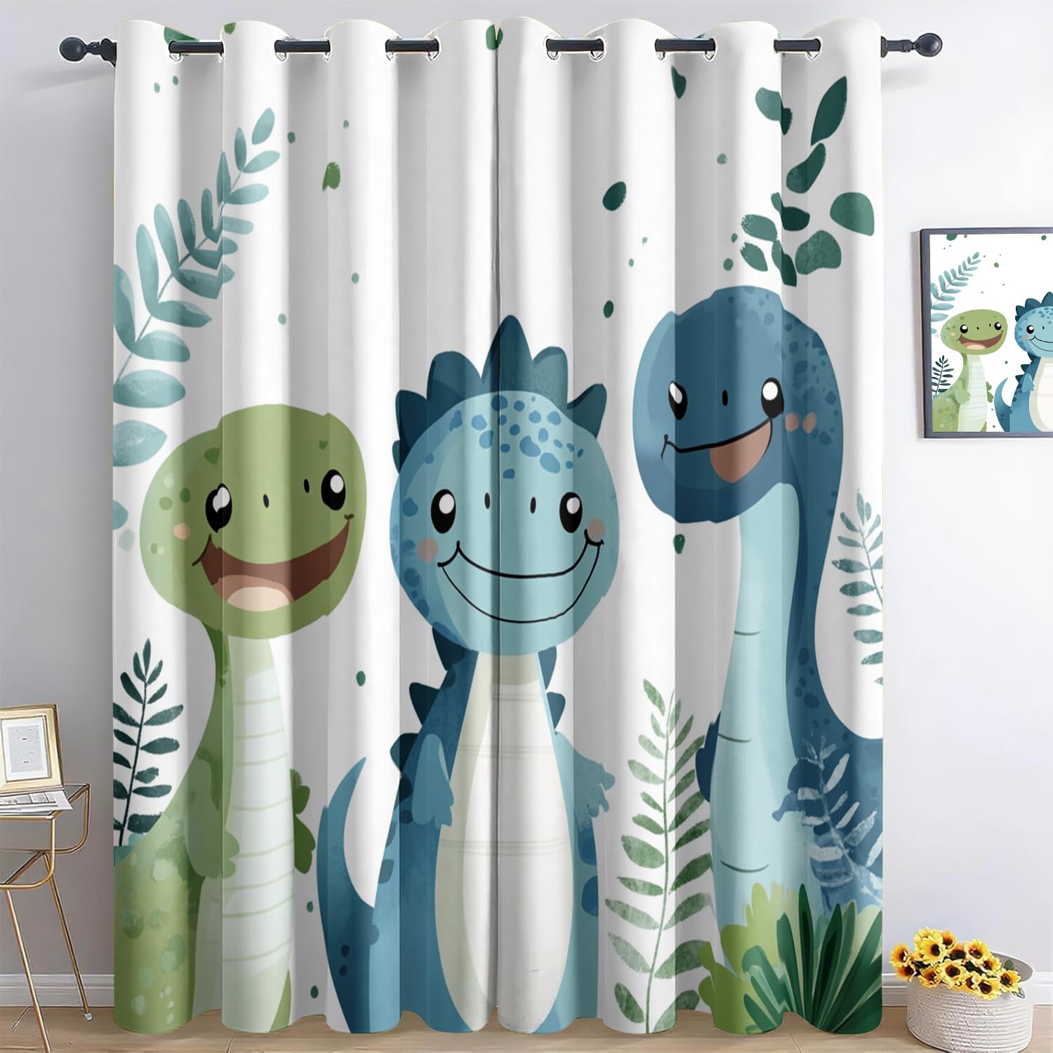 Cartoon Dinosaur 3D Print Pattern Thermal Insulated Window Drapes For Kids Boys Girls Bedroom Living Room 46 X 54 Inch Drop 2 Panels Curtains Eyelet Blackout