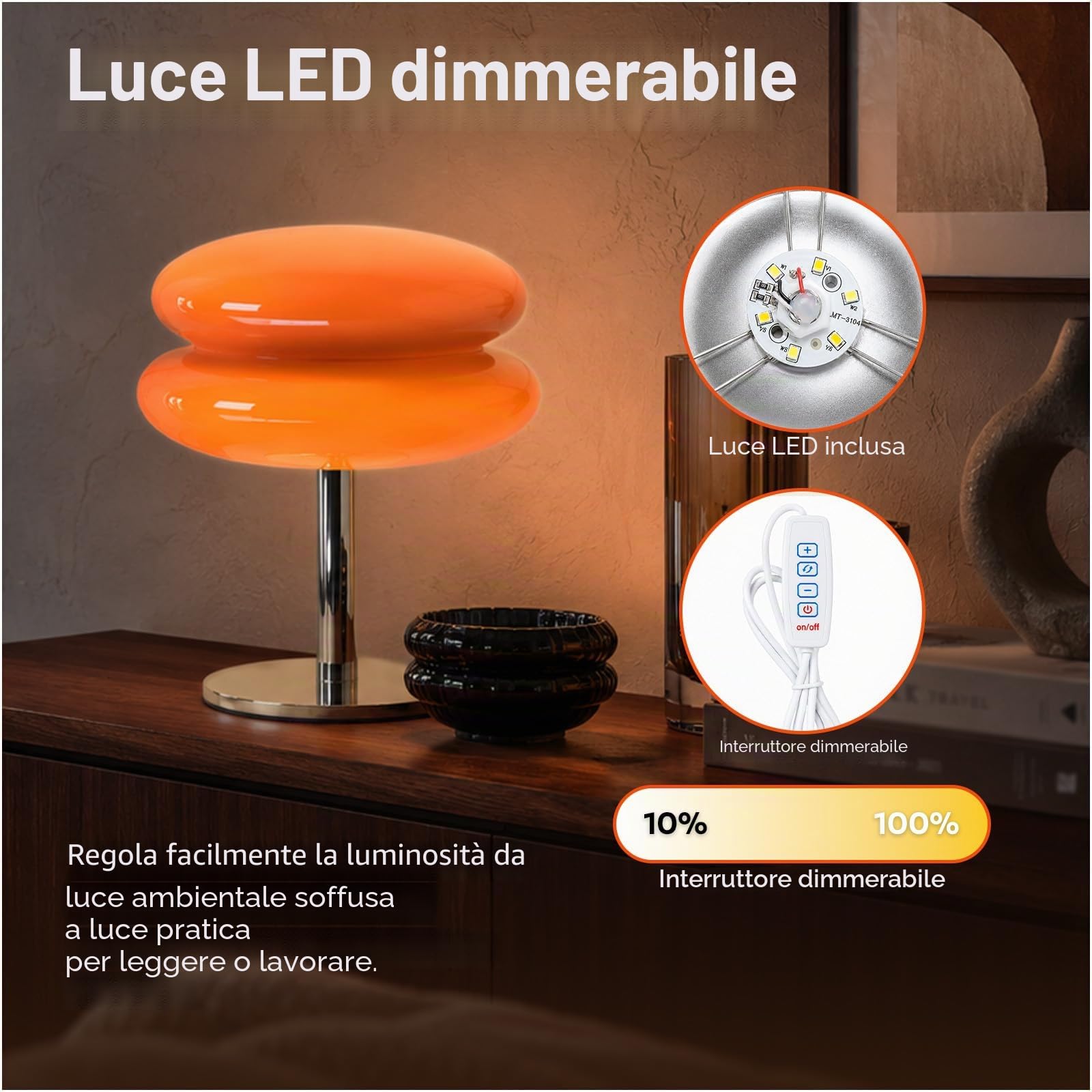MMOBIEL Lampada a Fungo Arancione Lampada da Tavolo Mid Century con luce LED Dimmerabile con Cavo – Per Camera da Letto, Soggiorno, Decorazione Casa & Interni – In Vetro, Luce Calda & Atmosfera