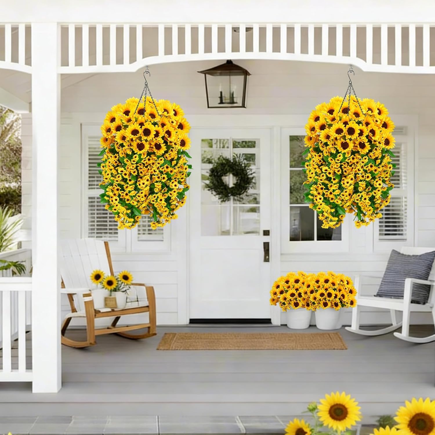 Zythrem 2 Set Artificial Flower Hanging Baskets Fake Hanging Baskets for Outdoors UV Resistant Artificial Sunflower Outdoor Decor for Porch Patio Garden Yard Home Spring Summer (Yellow)