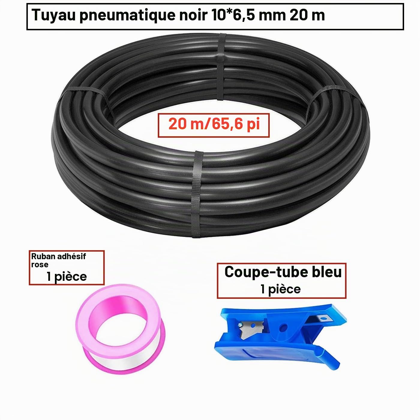 HUAZIZ 20 Meter PolyuréthaneTuyau Noir Pneumatique, PU Tuyau Air, 10 mm OD x 6,5 mm ID, Polyuréthane PU Air Kit + 1 Pcs Coupe-Tuyau
