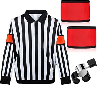 Hicarer Men's Ice Hockey Referee Shirt Striped Long Sleeve Kit with Red Orange Armbands & Finger Grip Whistle