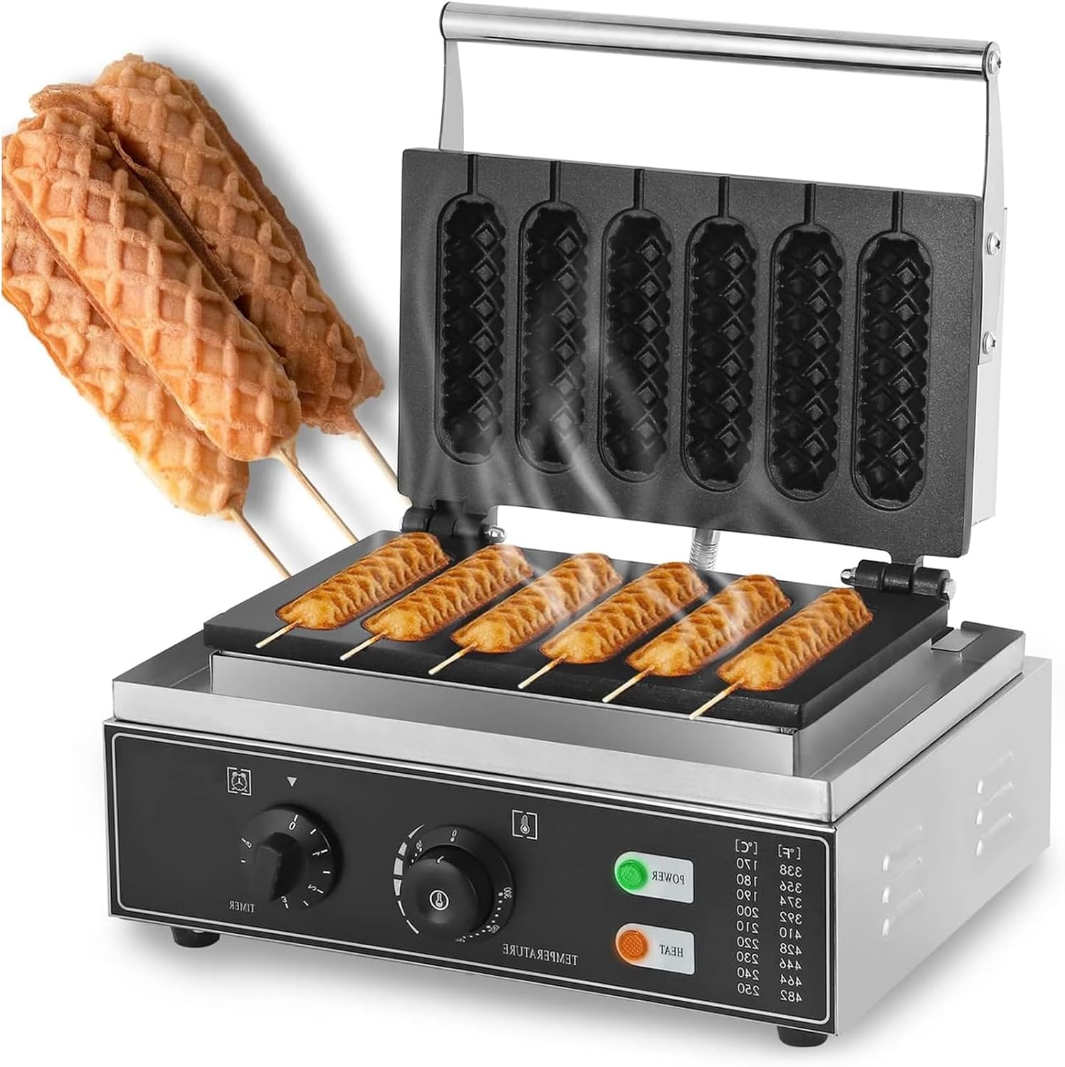 Commercial Corn Hot Dog Maker & Electric Waffle Maker, 1550W Non-Stick, Temperature Control 50-300℃, 6-Piece Hot Dog & Cheese Stick Press, Perfect for Parties