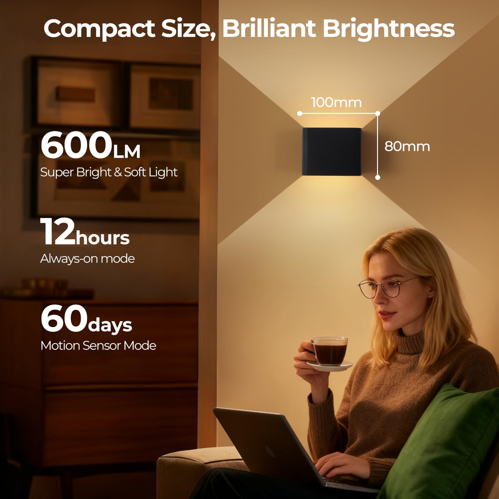 FUPE Akku Wandlampe Innen mit Bewegungssensor,Fernbedienung,Wandlicht Up and Down Innen LED Wandleuchte 3 Modi Wiederaufladbare Batteriebetriebene Wandlampen 2Stück,Schwarz