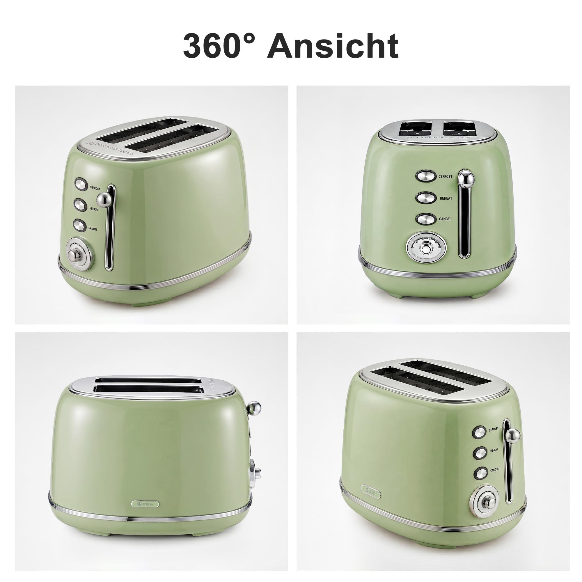 Wiltal Retro Toaster 2 Scheiben Edelstahl, Grün, TS-R008 | Brötchenaufsatz, 6 Röststufen, Vorheiz- und Auftaufunktion, Abschaltautomatik, Perfekt für Sandwiches & Toast