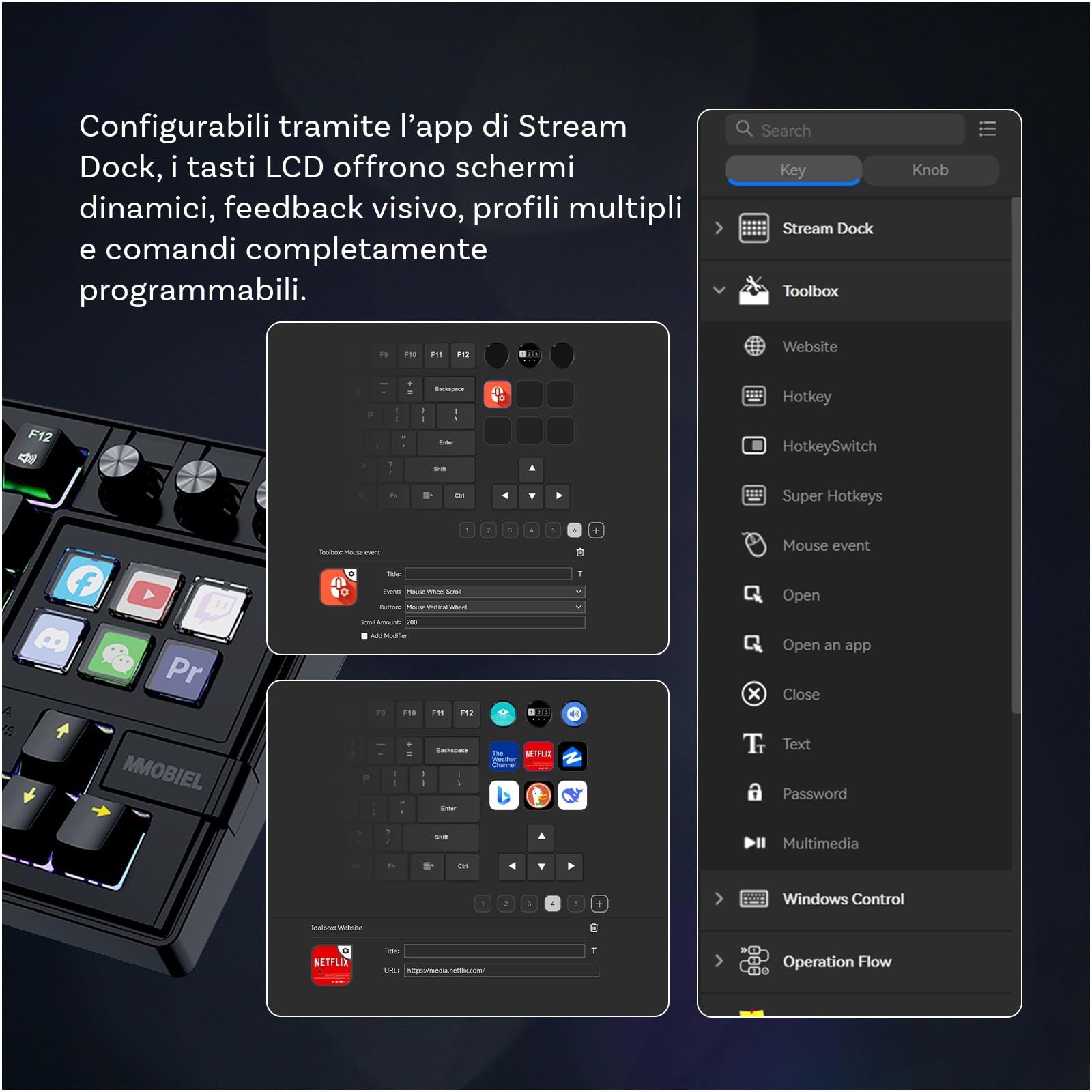 MMOBIEL Tastiera Meccanica per Stream Deck Tastiera QWERTY Hot-Swappable con Retroilluminazione RGB, 6 Tasti Macro LCD Programmabili e 3 Manopole per OBS, Streaming, Editing – per Windows/macOS