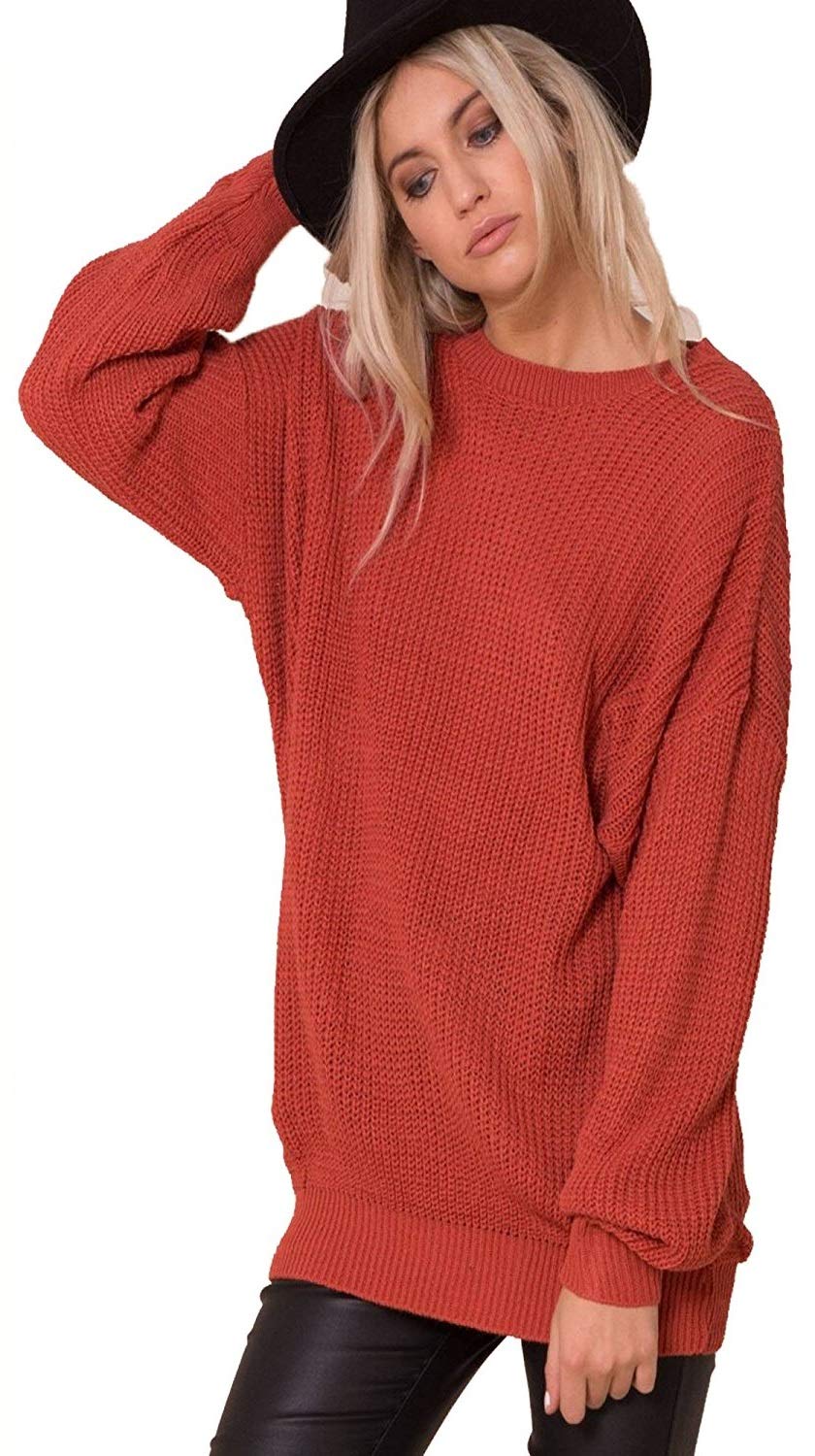 Crazy Girls Womens Ladies Baggy Long Sleeve Knitted Plain Chunky Top Sweater Jumper S-XL (2XL, Rust)