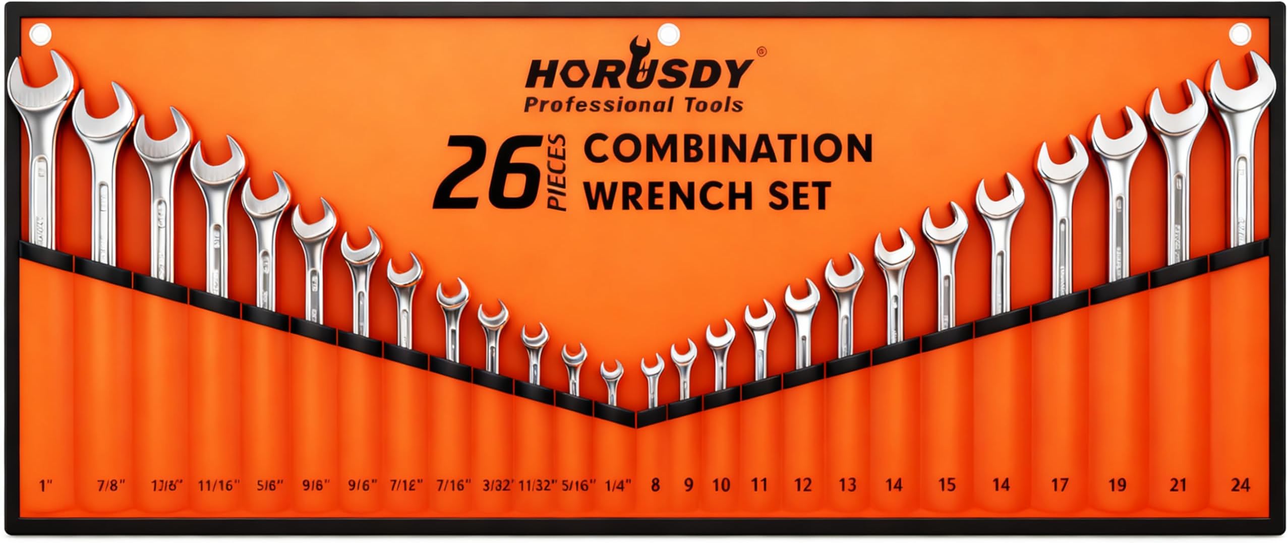 HORUSDY 26-Piece Durable Combination Wrench Set with Roll-up Pouch, Open End Wrench Set for General Household, Garage, Auto Repairs, SAE 1/4” - 1” and Metric 8mm - 24mm