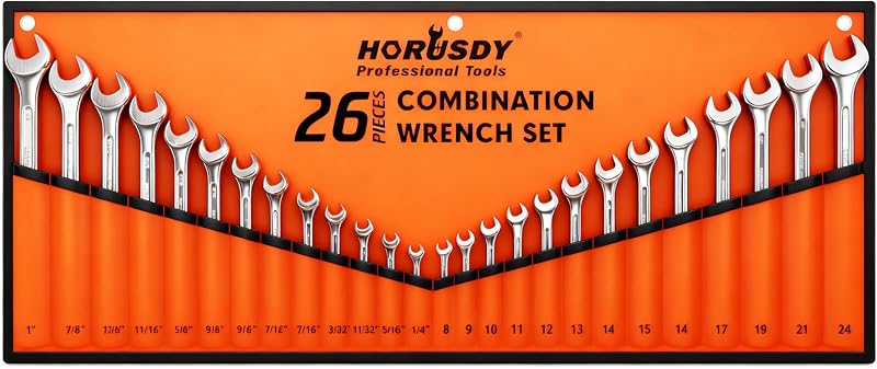 HORUSDY 26-Piece Durable Combination Wrench Set with Roll-up Pouch, Open End Wrench Set for General Household, Garage, Auto Repairs, SAE 1/4” - 1” and Metric 8mm - 24mm