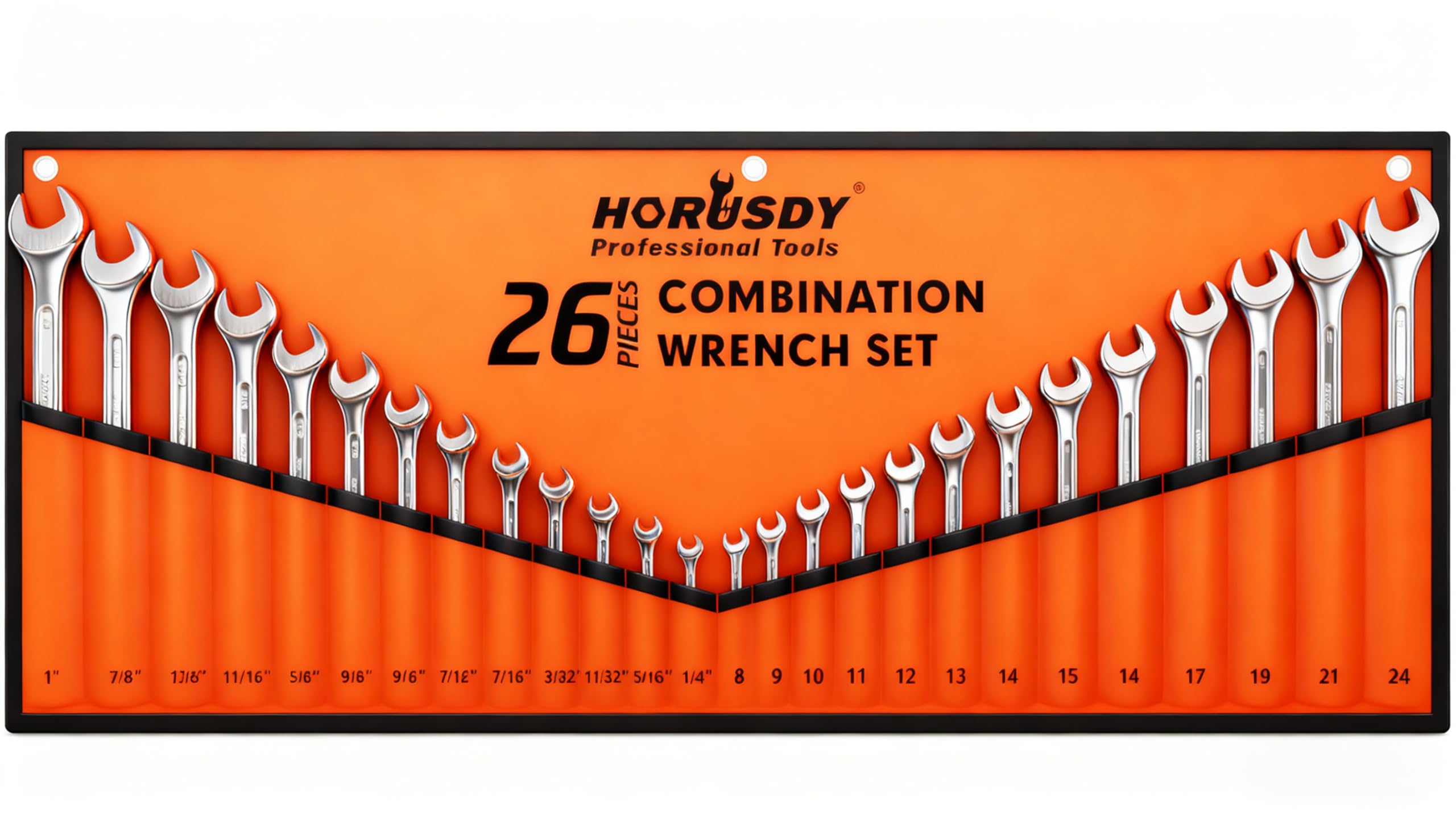 HORUSDY 26-Piece Durable Combination Wrench Set with Roll-up Pouch, Open End Wrench Set for General Household, Garage, Auto Repairs, SAE 1/4” - 1” and Metric 8mm - 24mm