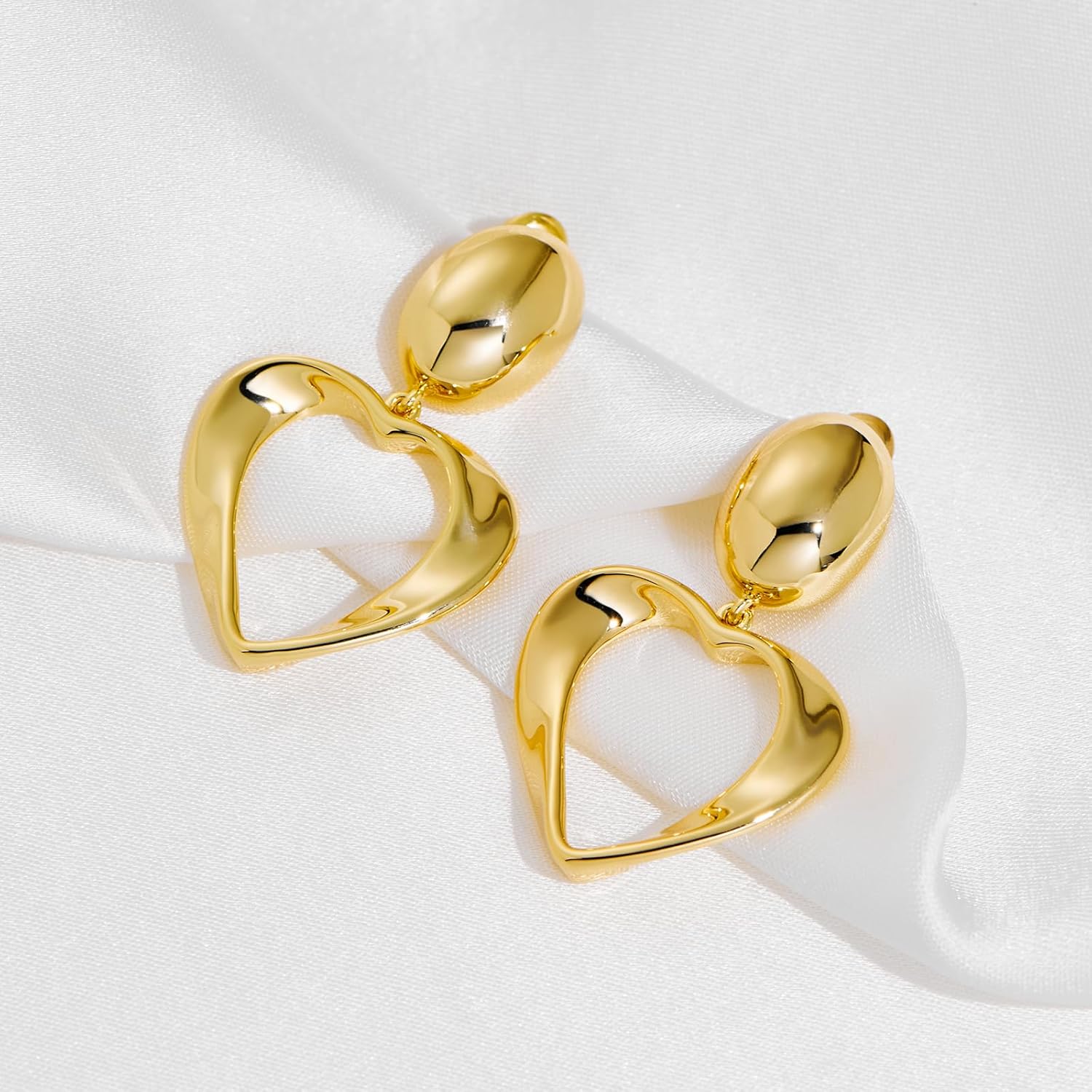 Heart Earrings for Women 14K Gold Plated Dainty Double Heart Drop Dangle Earrings Textured Vintage Brushed Love Heart Studs Trendy Valentines Jewelry Gift - Image 6