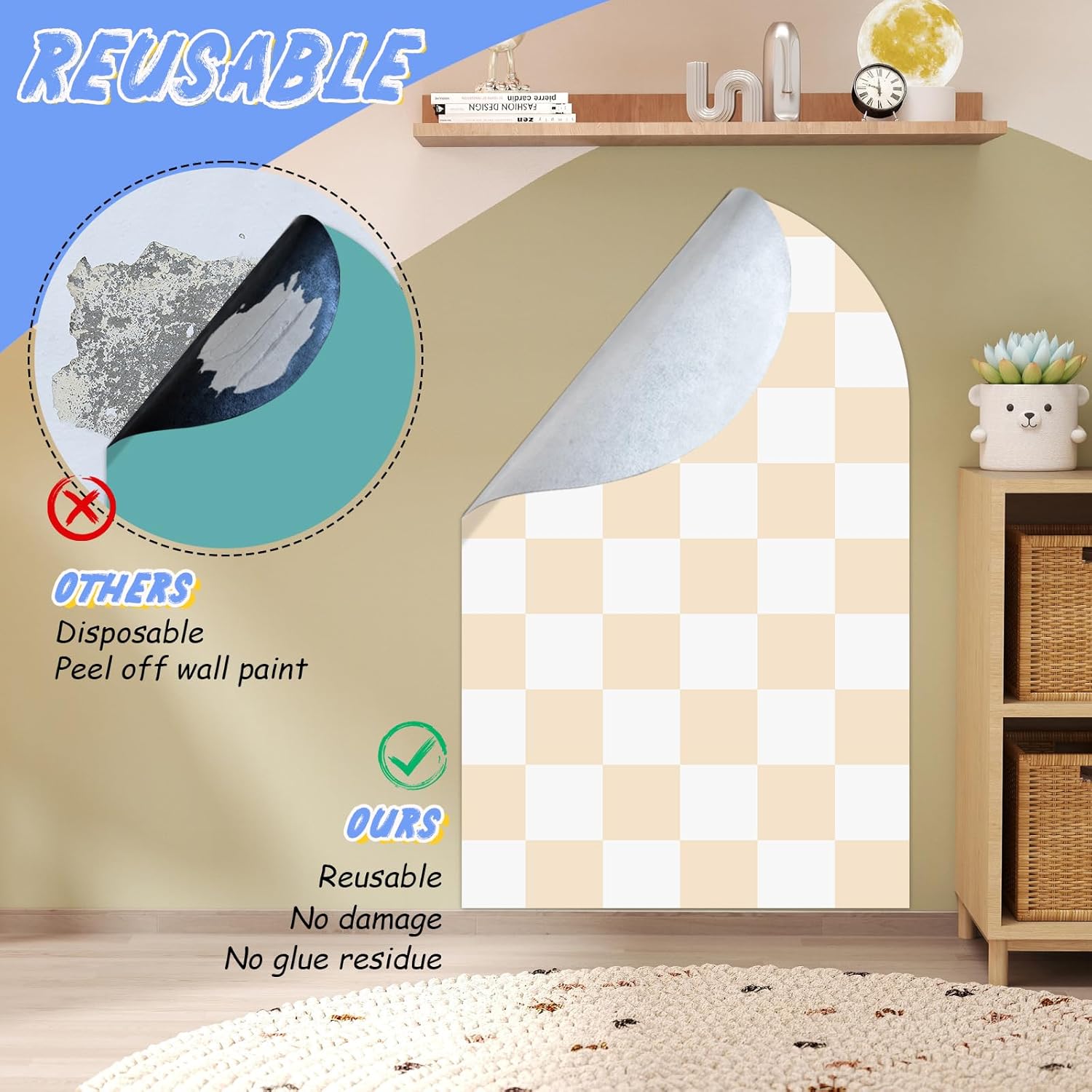 Magnetic Chalkboard Wall Decal 24''x40'' Arch - Removable Reusable Peel and Stick (No Wall Damage) Extra Strong Magnetism - Easy Clean Chalkboard for Home Office Playroom (Beige White Checker)