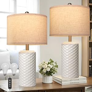 23" Bedside Lamps Set of 2, Dimmable Ceramic Table Lamps for Night Stands Modern Farmhouse Bedroom Lamps with Timer, Nightstand Table Lamps for Living Room End Table, Beige, LED Bulb Included