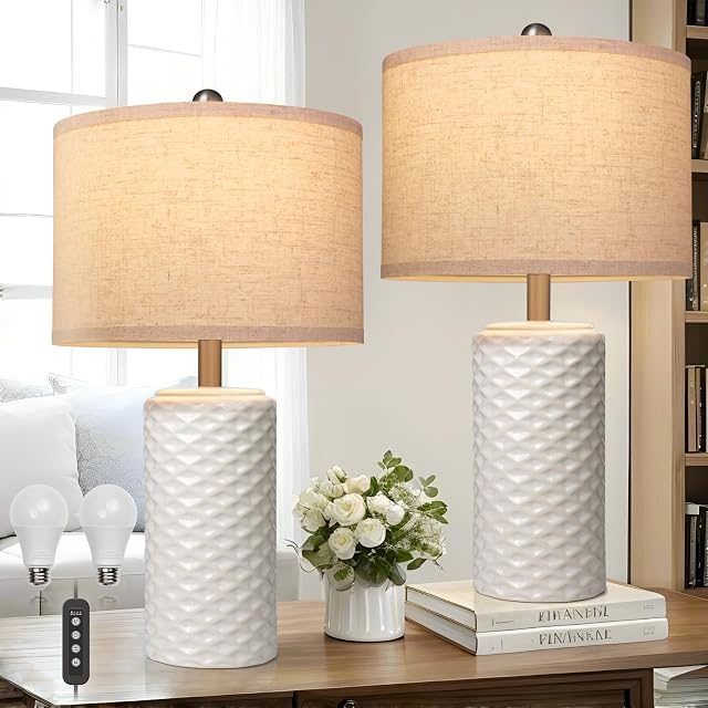 23" Bedside Lamps Set of 2, Dimmable Ceramic Table Lamps for Night Stands Modern Farmhouse Bedroom Lamps with Timer, Nightstand Table Lamps for Living Room End Table, Beige, LED Bulb Included